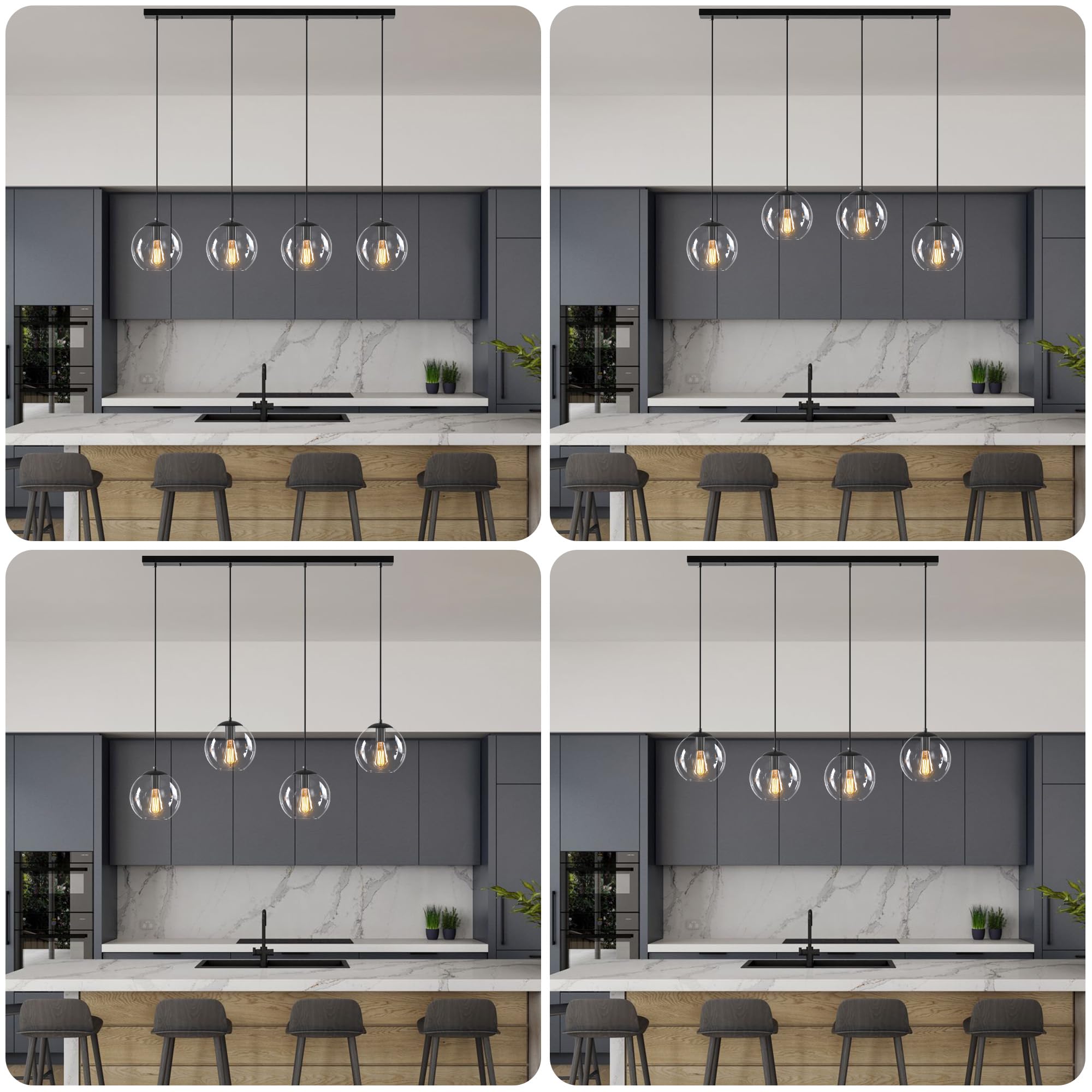 Lmsod 4 Lights Globe Pendant Light, Modern Hanging Lighting Fixture, Matte Black Classic Cluster Chandelier With Clear Glass Sha
