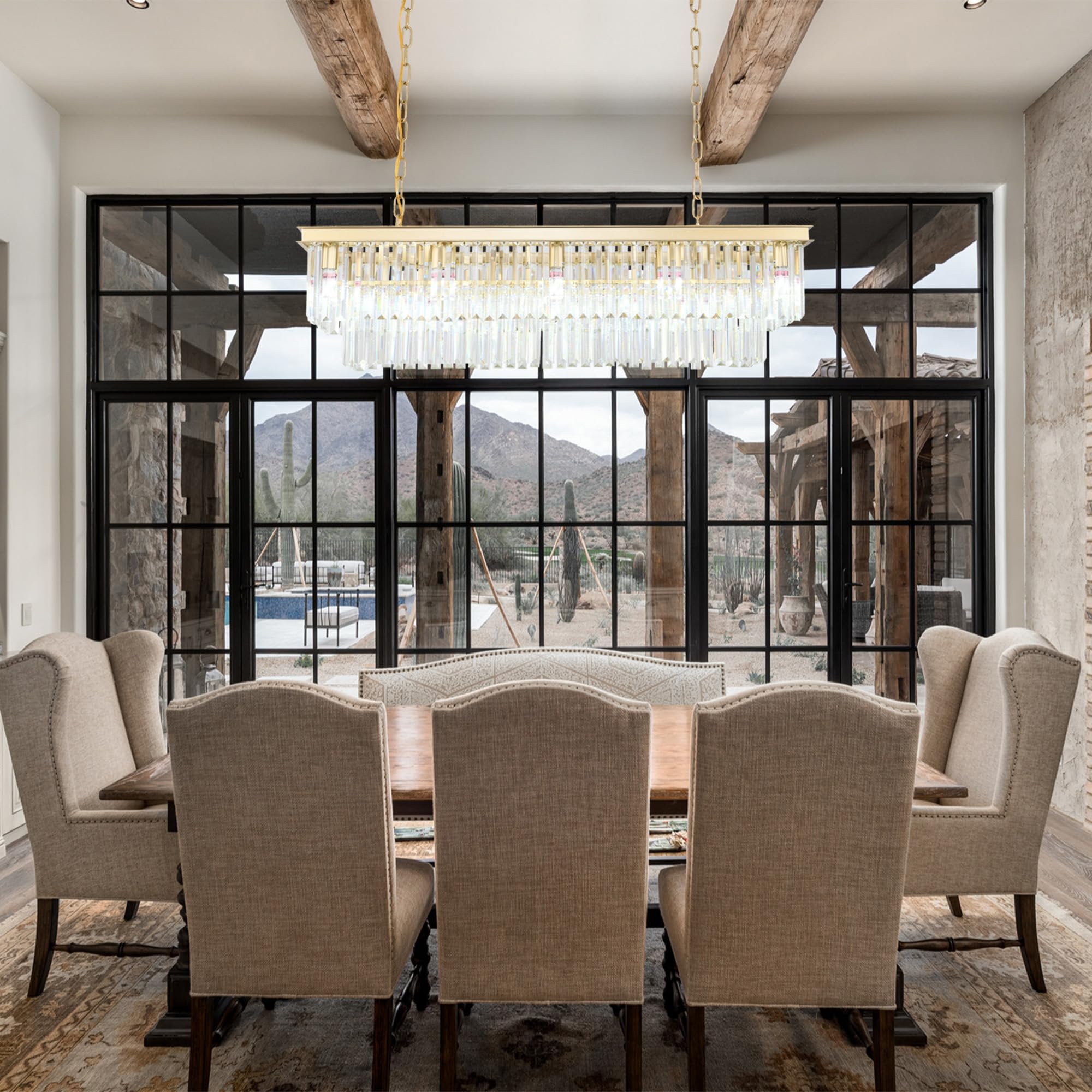 Gold Rectangular Chandelier 40 Inch-10-Light stylish Crystal Pendant Lighting For Dining Room  Kitchen Island & Bar-Adjustable Height  Flush Mount Ceiling Fixture enhanced Lighting Fixture(Gold  L-40)