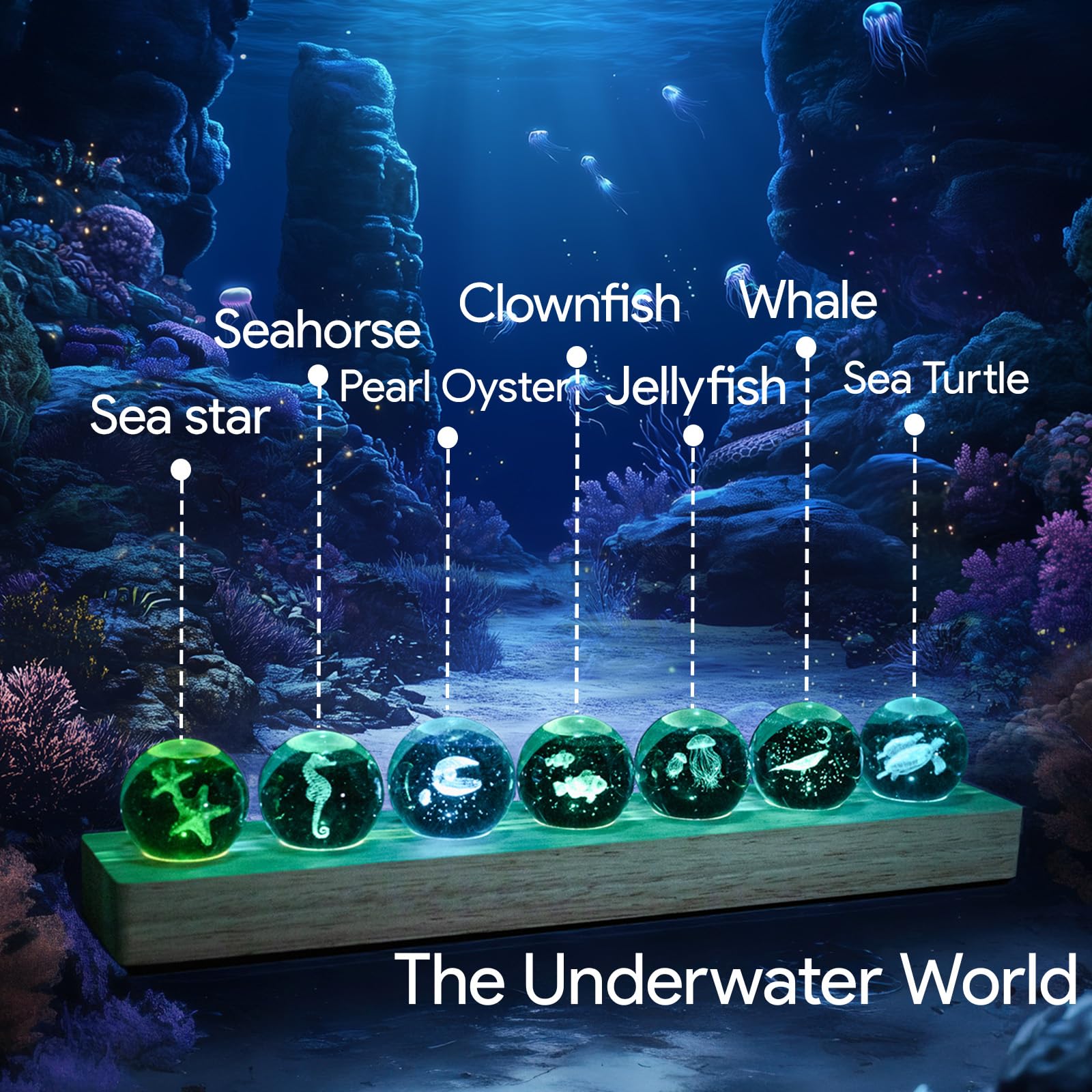 NoelWink 7 Pcs Sea Animals Crystal Night Light Set, 3D Jellyfish Shark Whale, Green, Model QXD-XK001, Wooden Base