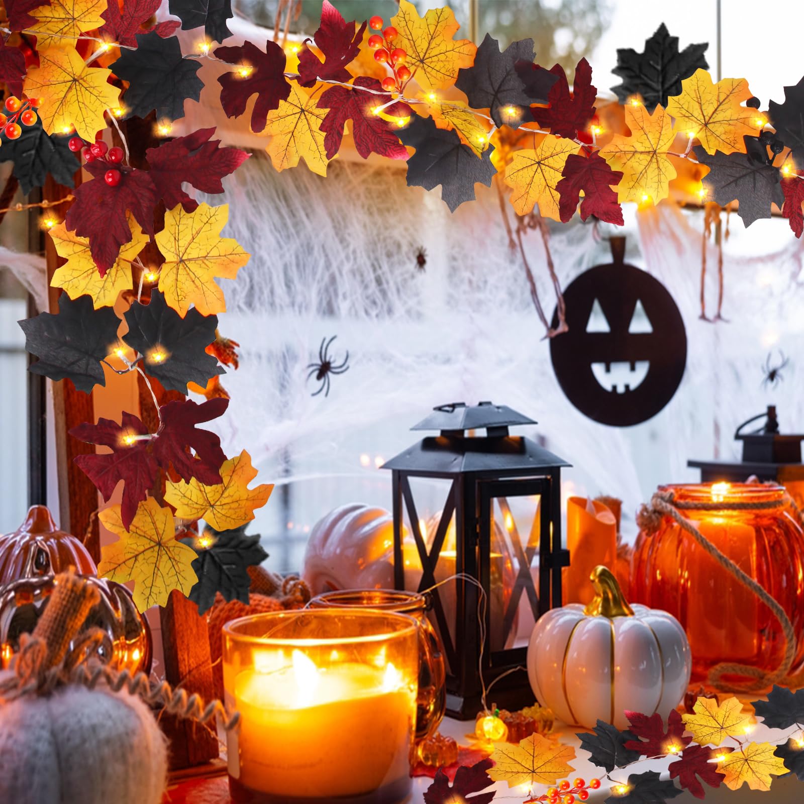 Halloween Decorations Fall Garland String Lights With Timer Remote, 50 Led 16.4Ft Fall Lighted Black Maple Leaves Garlands Outdoor, Battery Operated Fall Lights For Home Party Indoor Mantle Fireplace