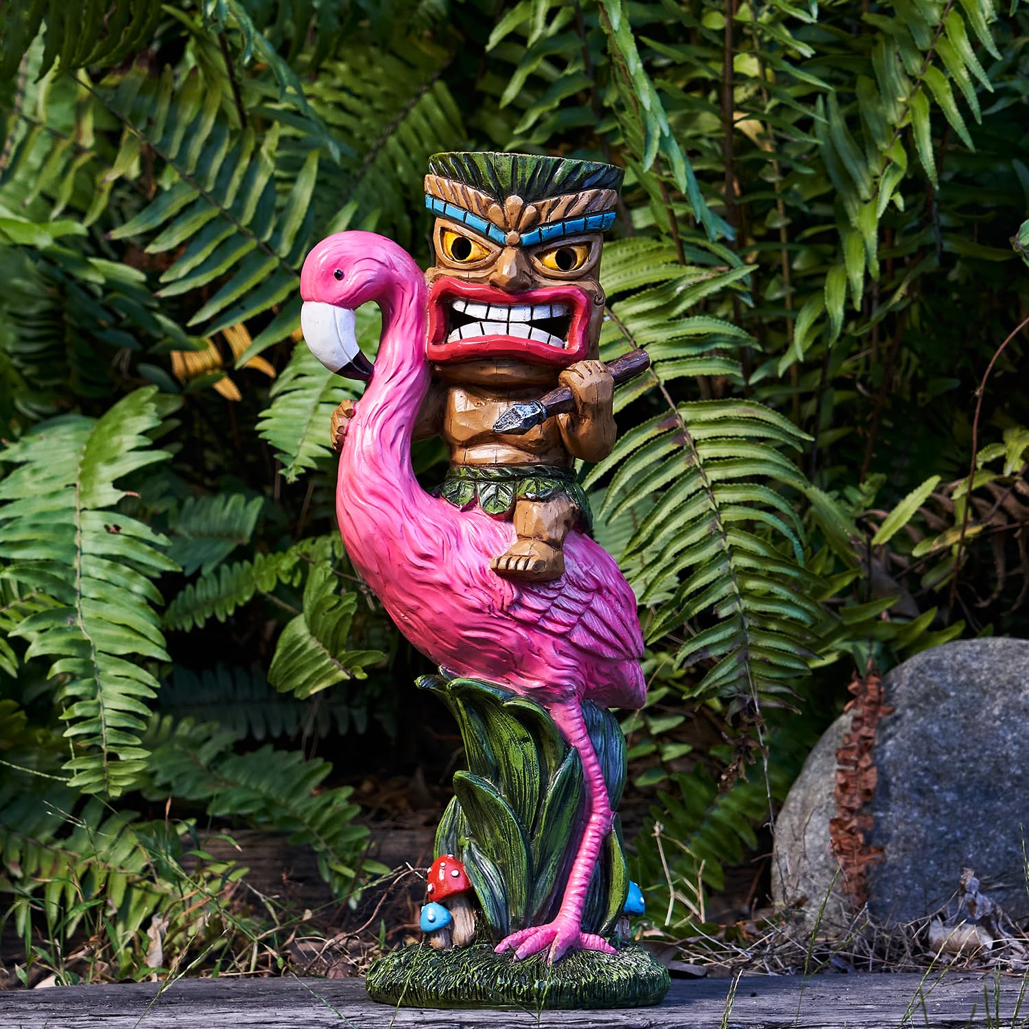 Yiosax Solar Tiki Statue - Outdoor Statue - Solar Powered Garden Figurine Tiki Decoration For Bar, Patio, Balcony, Yard, Lawn, Table, Riding A Flamingo 13.66 Inches Tall