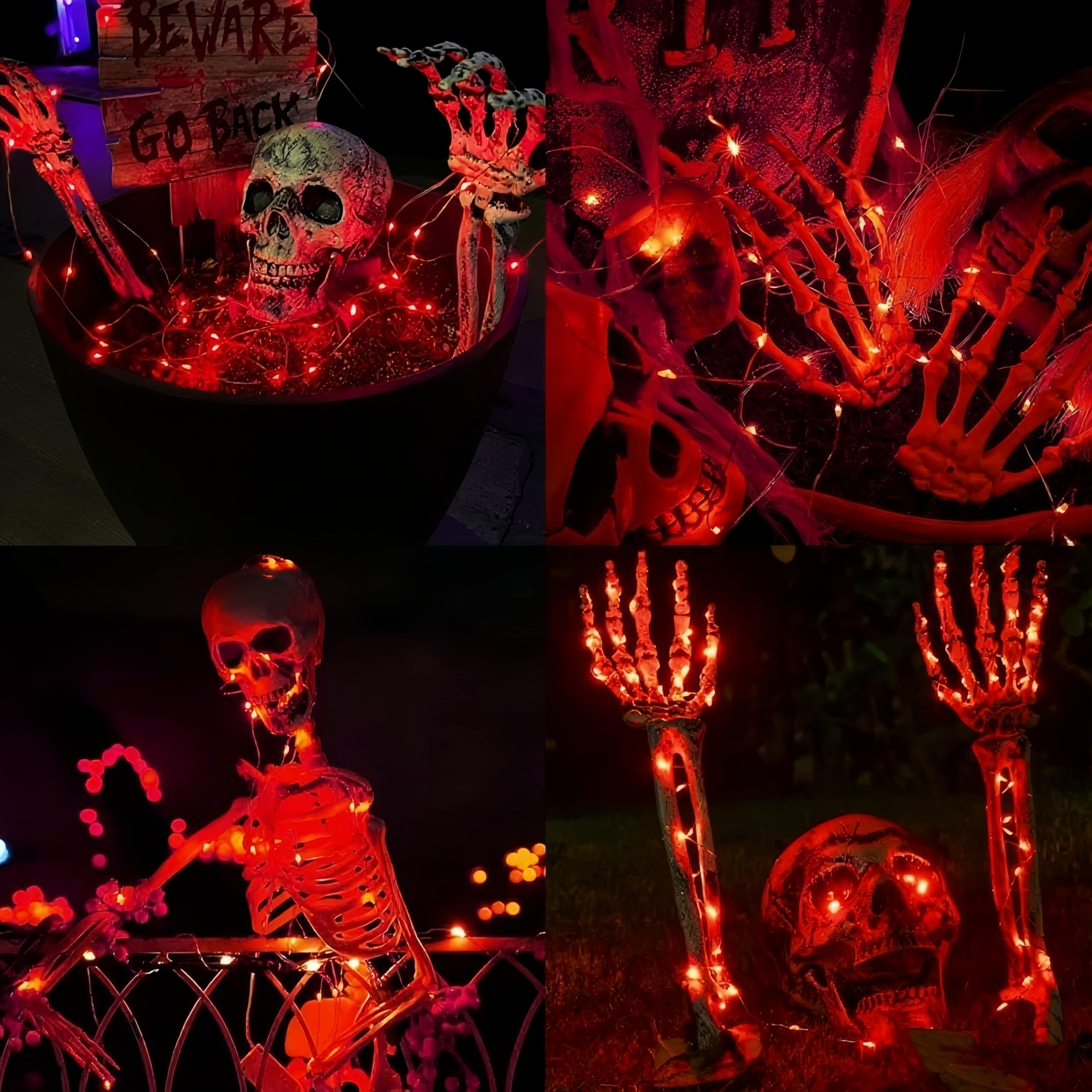 Yeguo Red Halloween Lights Outdoor Waterproof, 4 Pack Each 33Ft 100 Led Solar Fairy Lights, 8 Modes String Light For Outside