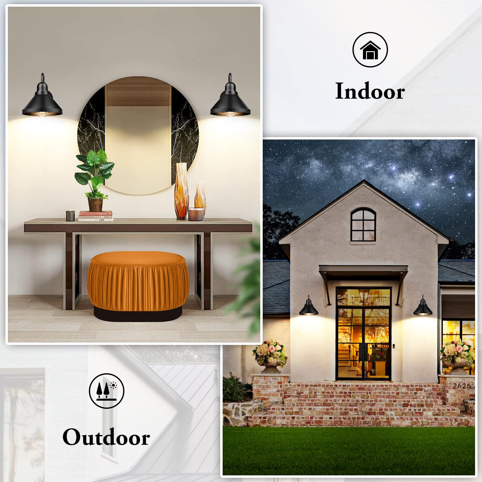 Brightever Gooseneck Outdoor Light Fixtures, 2-Pack Black Metal Barn Lights, 9.25IN, Industrial Style, E26 Base, Anti-Rust