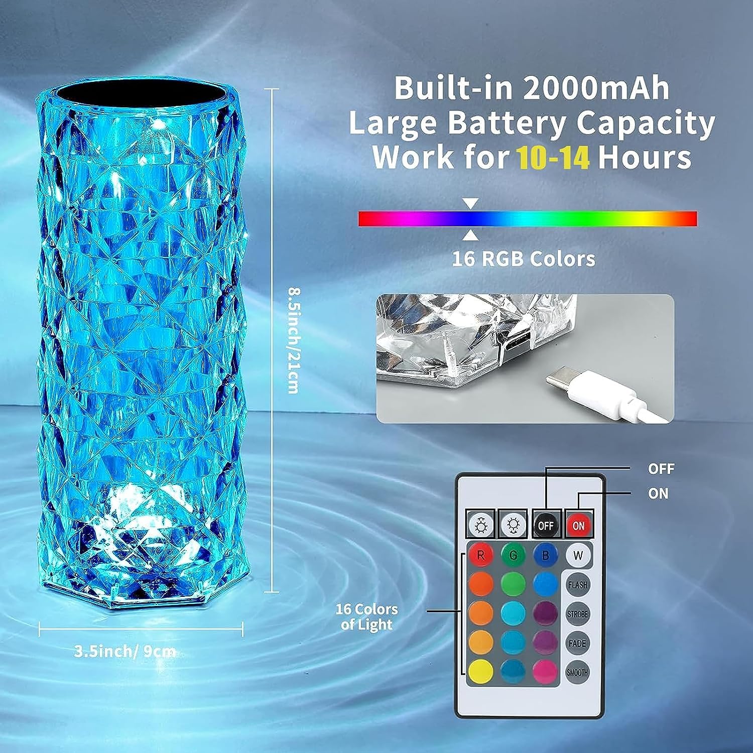 2 Pack Crystal Table Lamp, Remote And Touch Control Rose Wave Lamp, Rgb Color Changing Night Light, Dimmable, Usb Rechargeable D