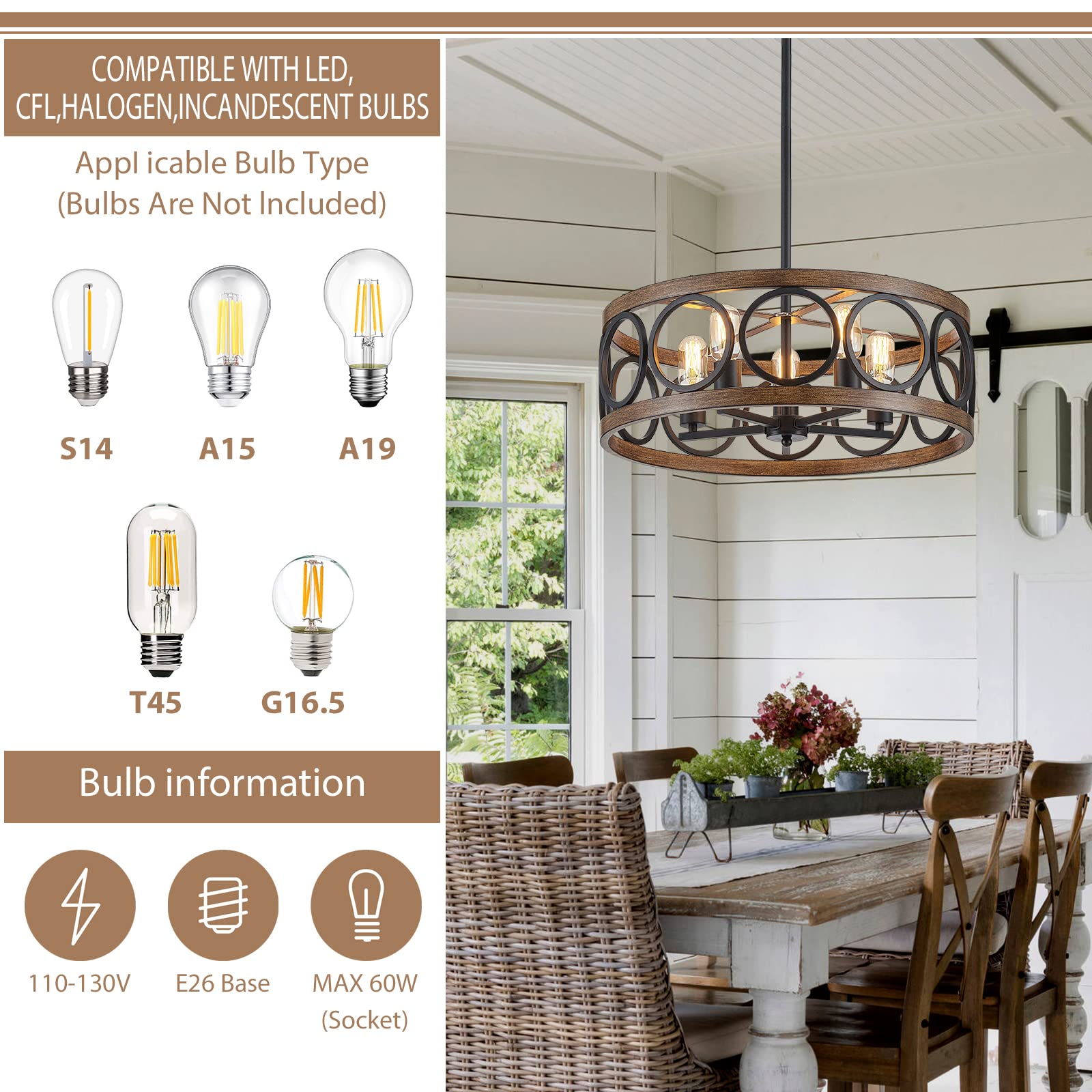 peskoe 5-Light Black Drum Chandelier, Modern Farmhouse Pendant Lighting for Dining Room, Kitchen, 22'' Metal & Wood Finish