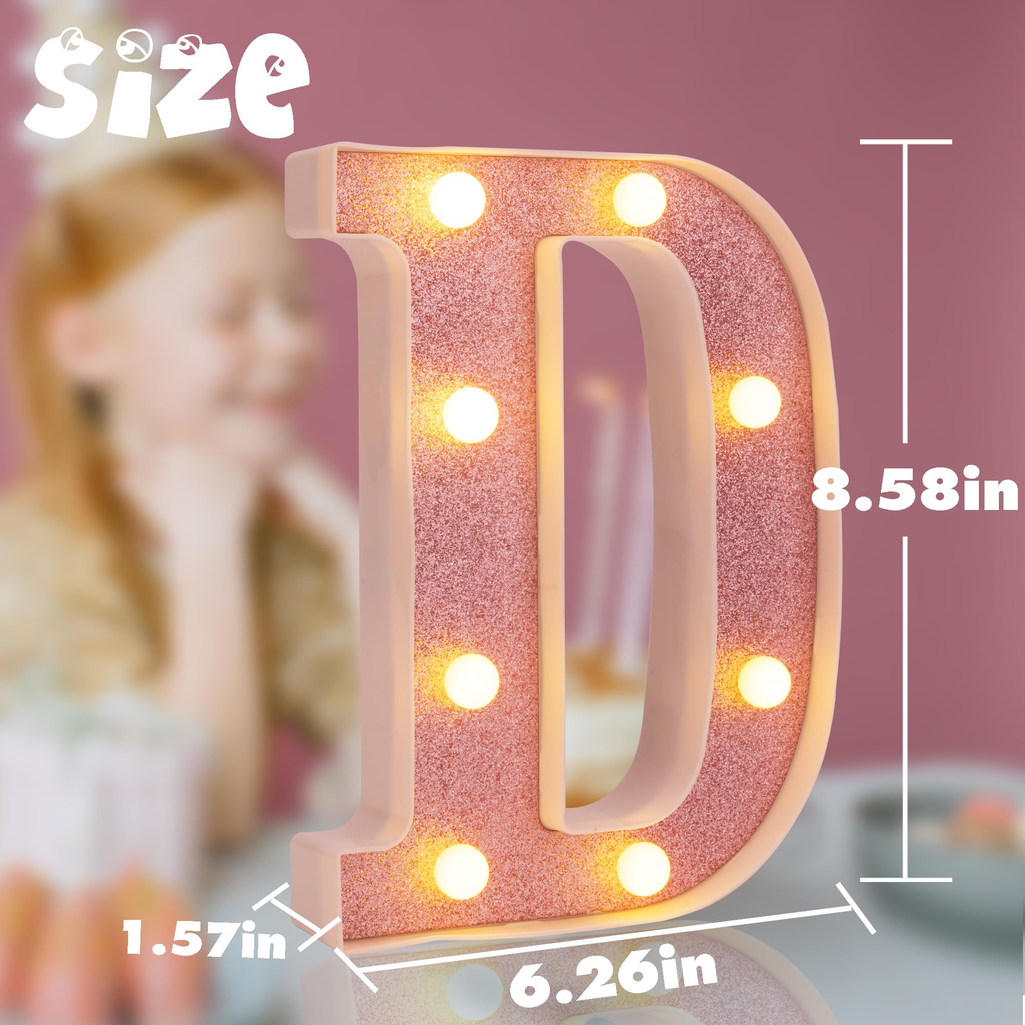 DyingSwan Small LED Marquee Letter D, 8.58 Inch Pink Glitter Lighted Sign, Battery Powered Plastic Decor for Parties and Events