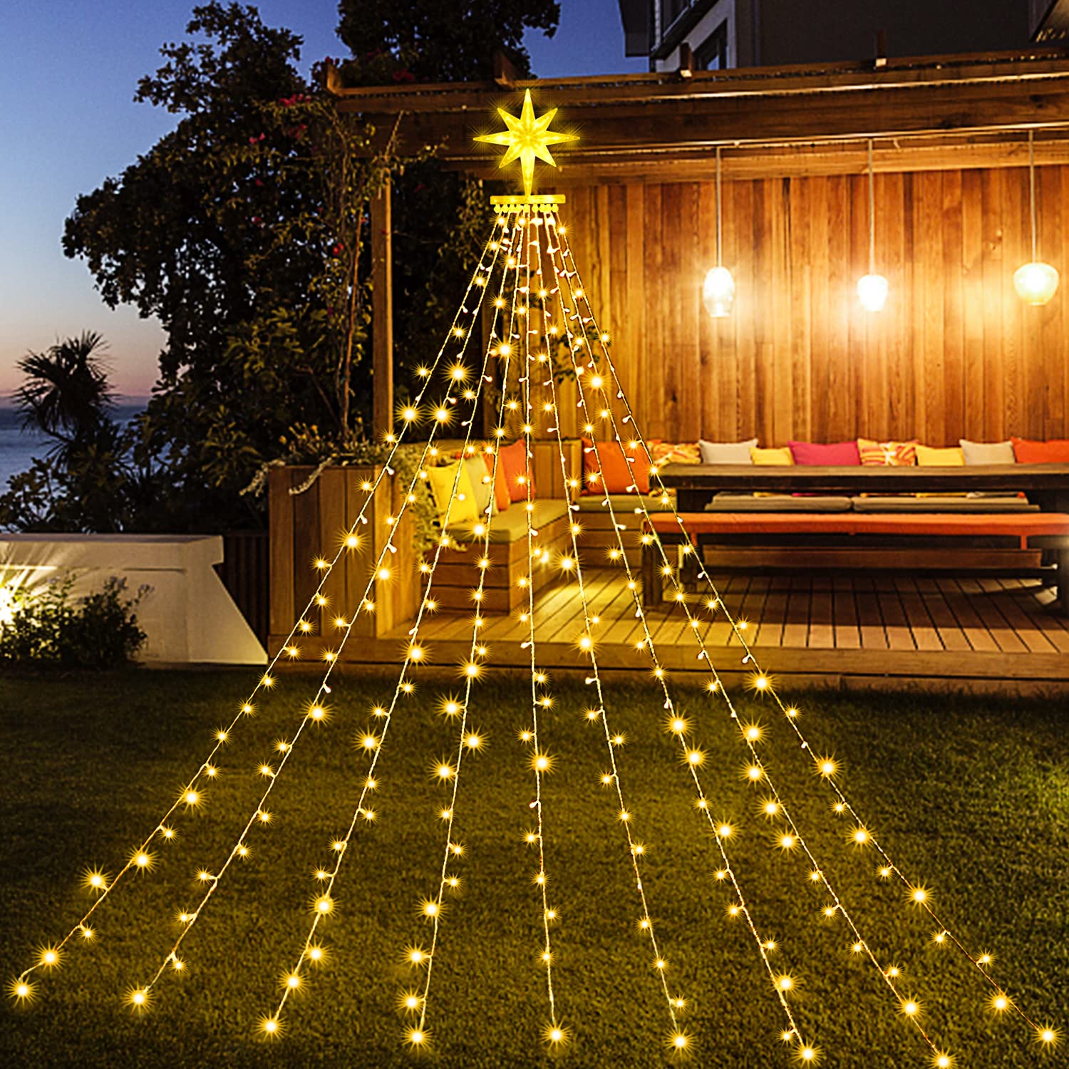 Qulist 16.4Ft 315Led Christmas Star String Lights, Waterproof, 8 Modes, Warm White