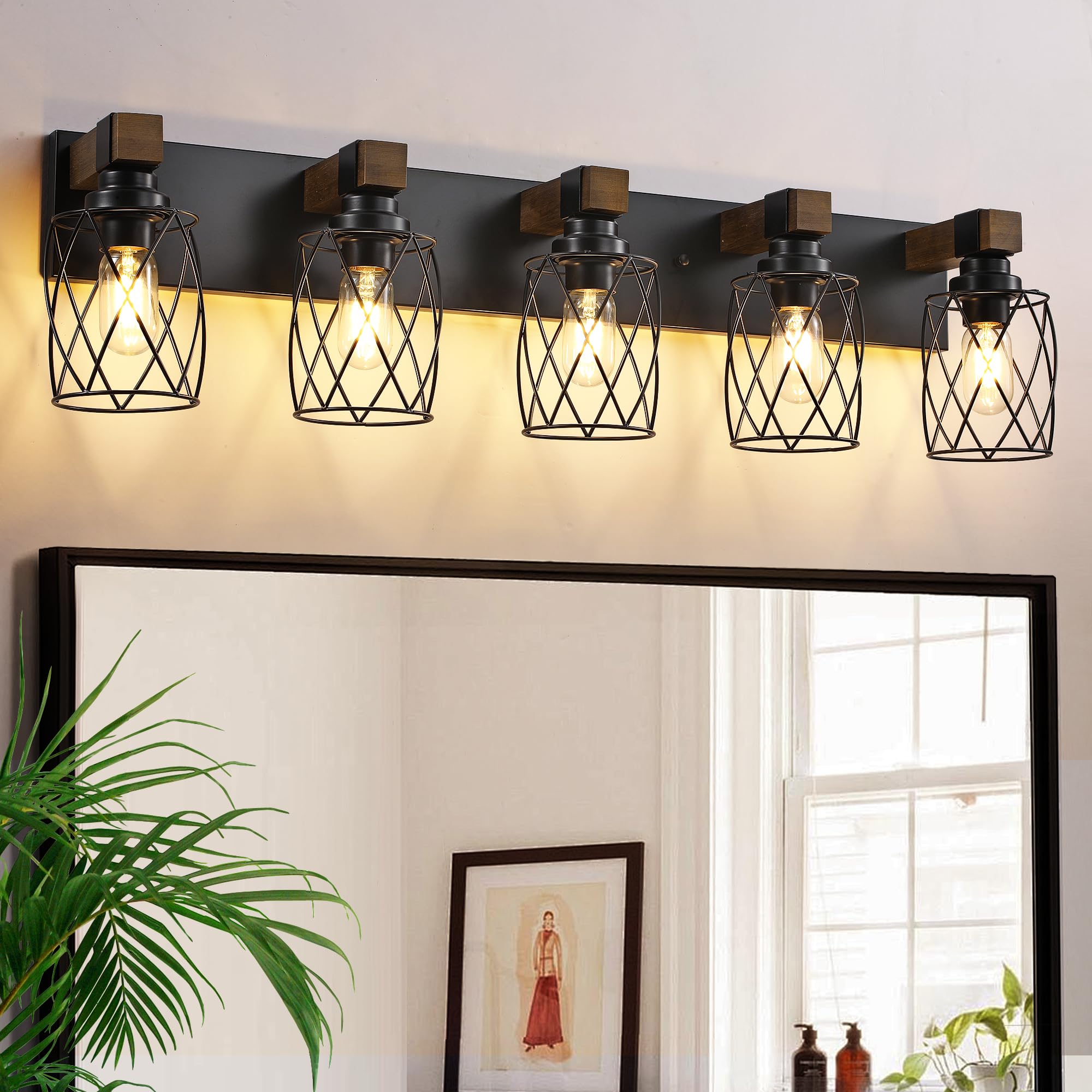 Xvmbvm Farmhouse Bathroom Vanity Light  5-Light Wood Bathroom Light Fixtures Over Mirror  Black Industrial Vanity Lights With Metal Shade  Rustic Bathrooms Lighting For Living Room  Bedrooms  Hallway