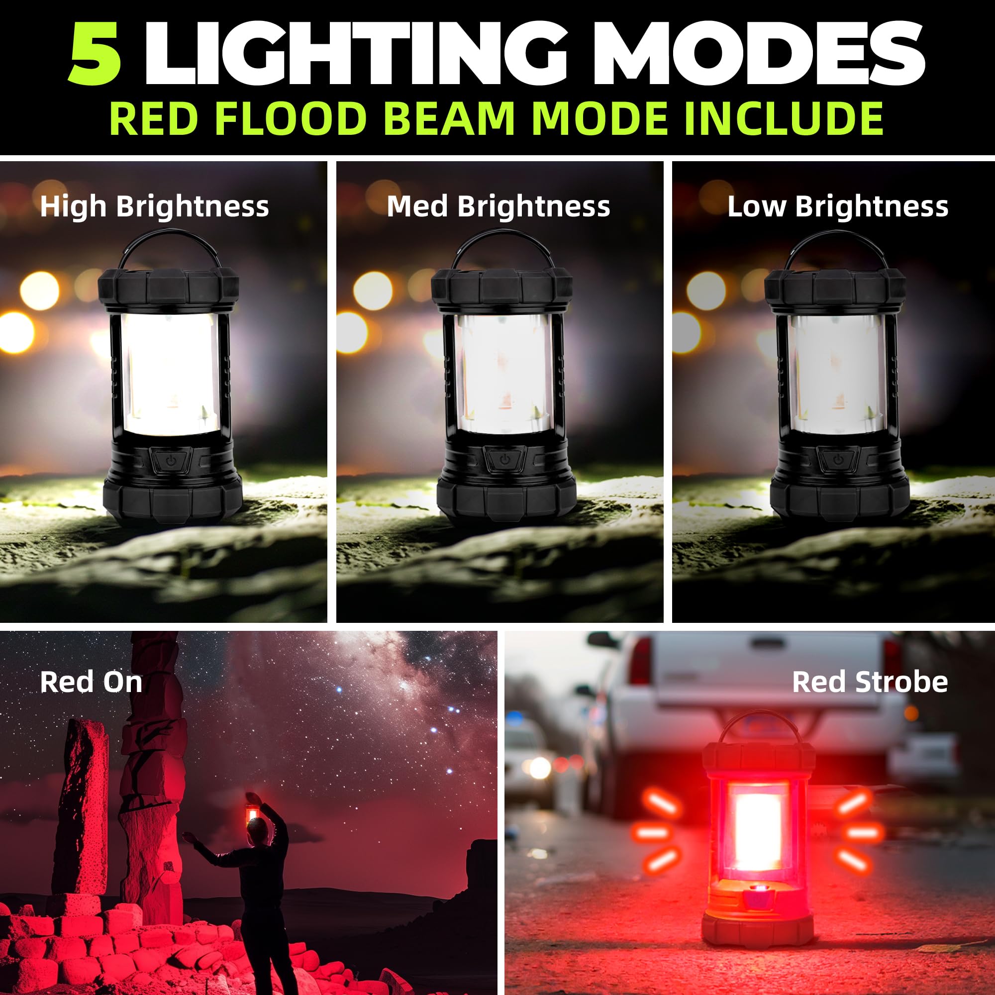 Favourlite Rechargeable Camping Lantern 3000LM 5 Light Modes LED Portable Waterproof Black ALS-6663-BK-US