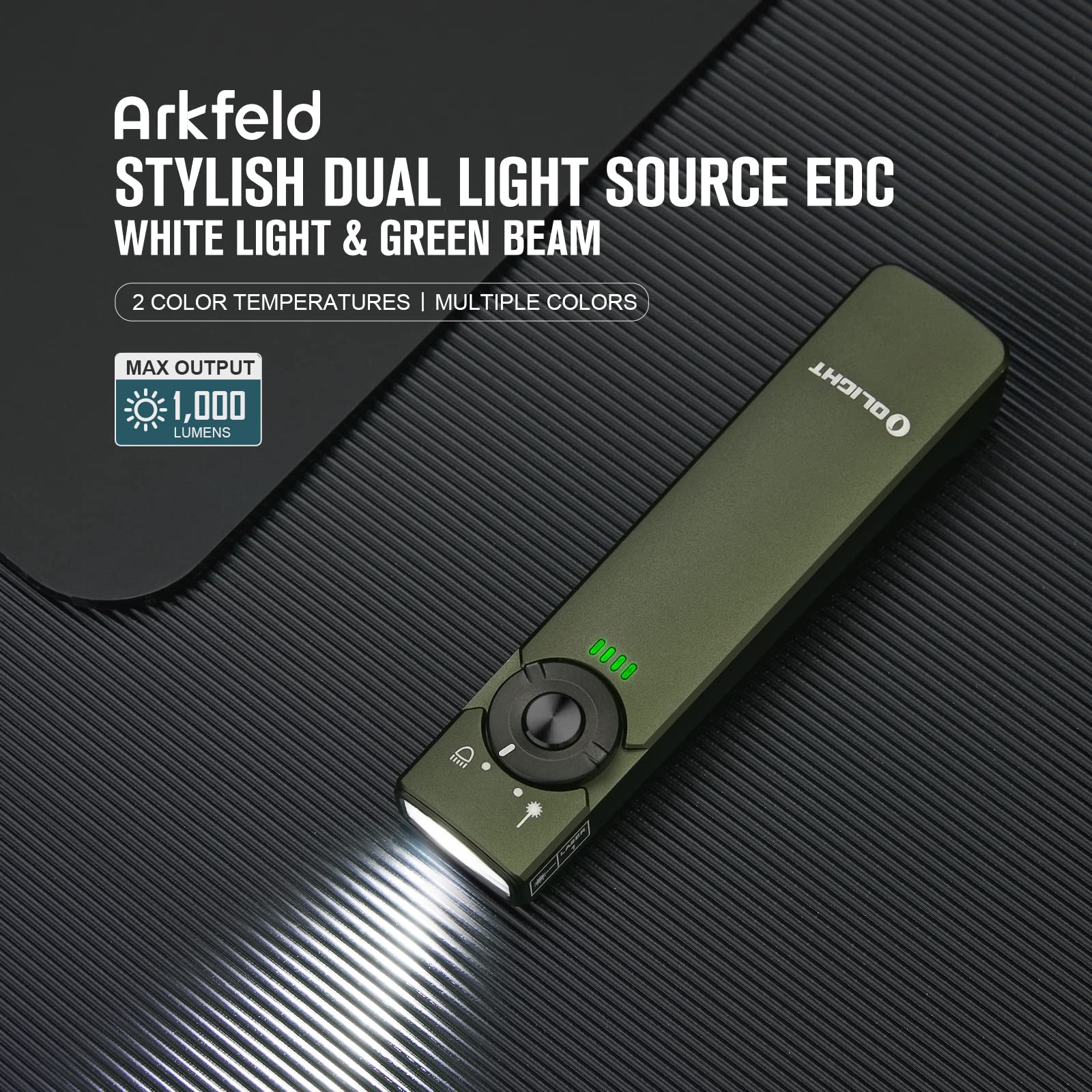 OLIGHT Arkfeld EDC Flashlight, 1000 Lumens, Green Beam & White LED, Aluminum, OD Green, Model O-Arkfeld-ODG-CW#US-FBA