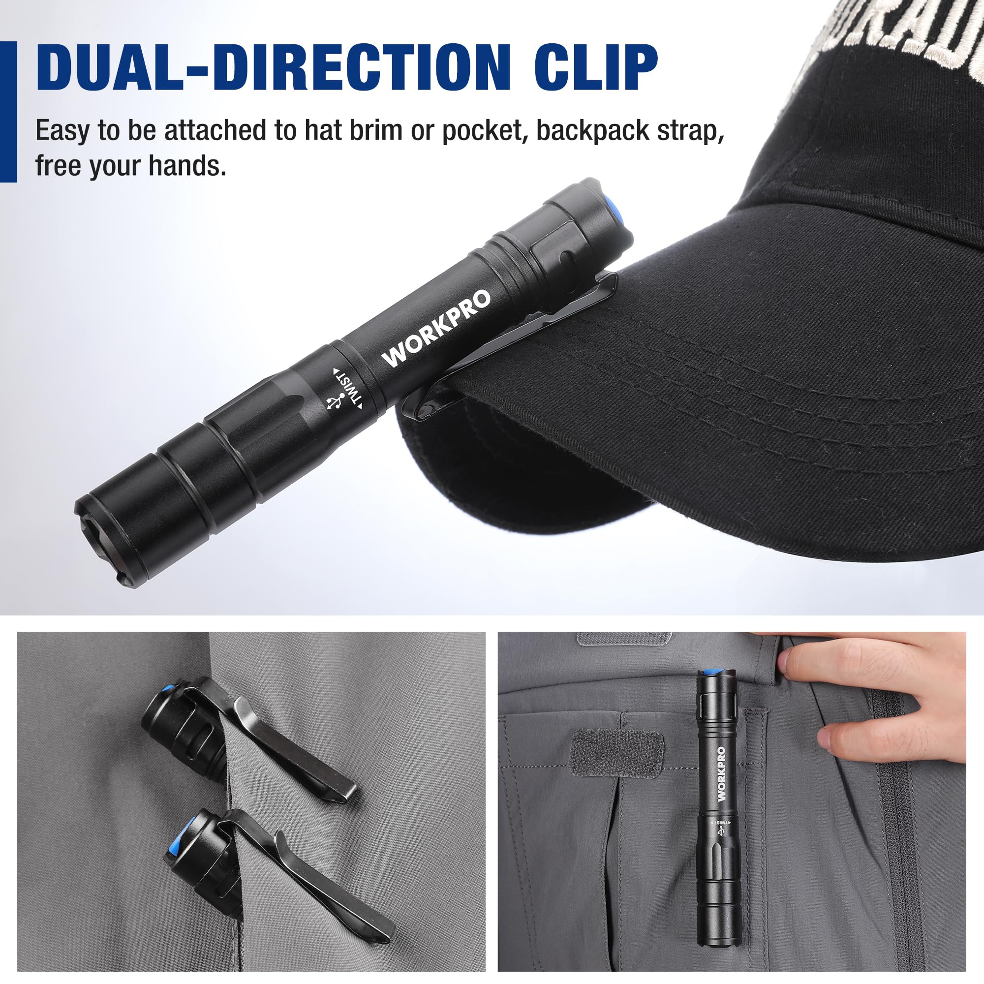 WORKPRO Rechargeable Pen Light, Mini Flashlight 2 Pack, Ultra-Compact with Clip, Black, Model W139017