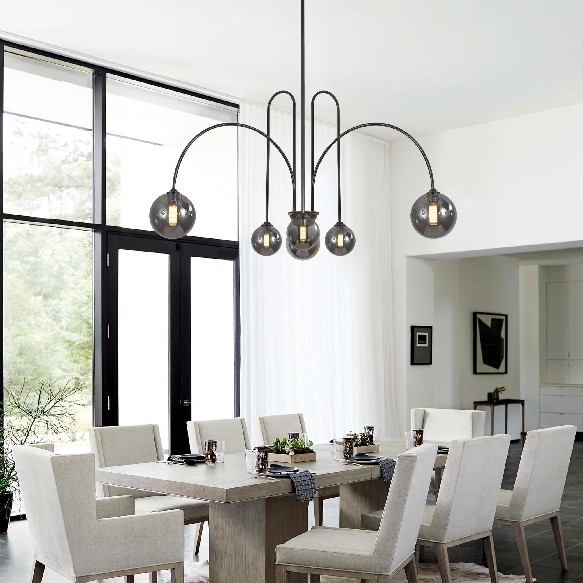 Black Sputnik Chandelier,6 Lights Mid Century Chandelier For Dining Room Light Fixtures Over Table Large, Large L49    Ceiling P