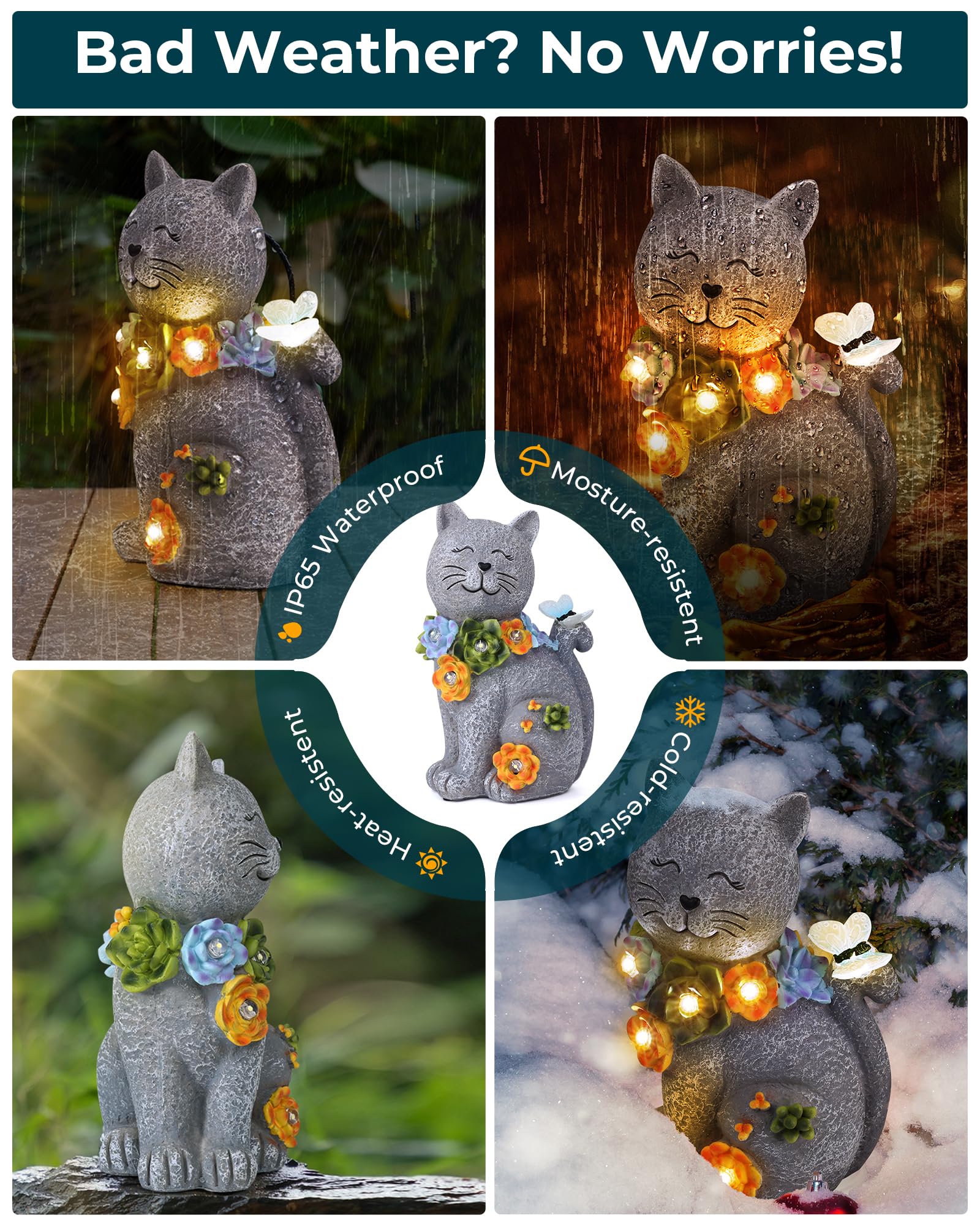 Vuees Solar Garden Statues Lights, Cat Figurines Succulent Flower Butterfly Art Design For Home, Outdoor, Patio, Porch, Yard, Ba