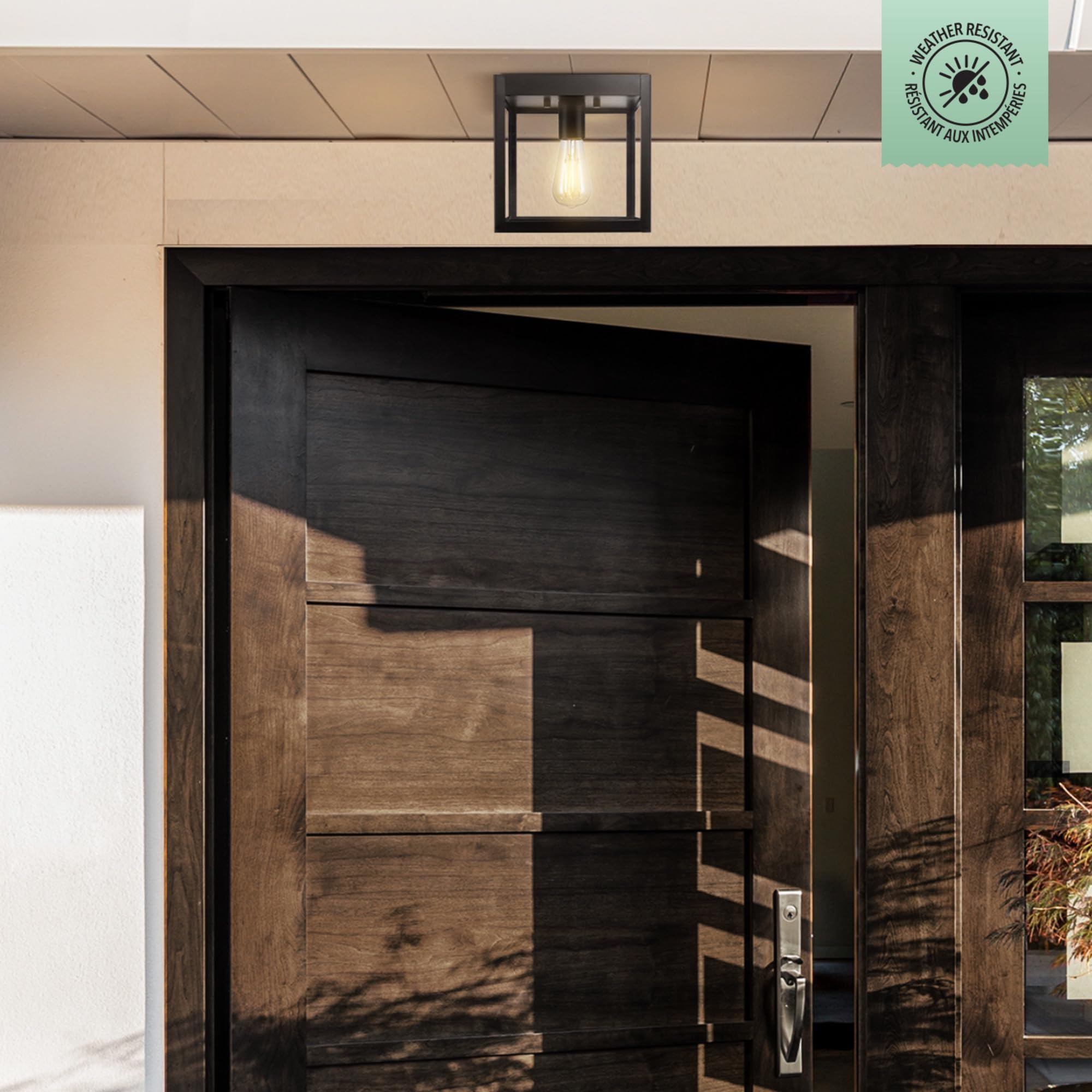 Globe Electric 1-Light Outdoor Flush Mount Ceiling Light, Matte Black, Clear Glass Shade, Model 60000020