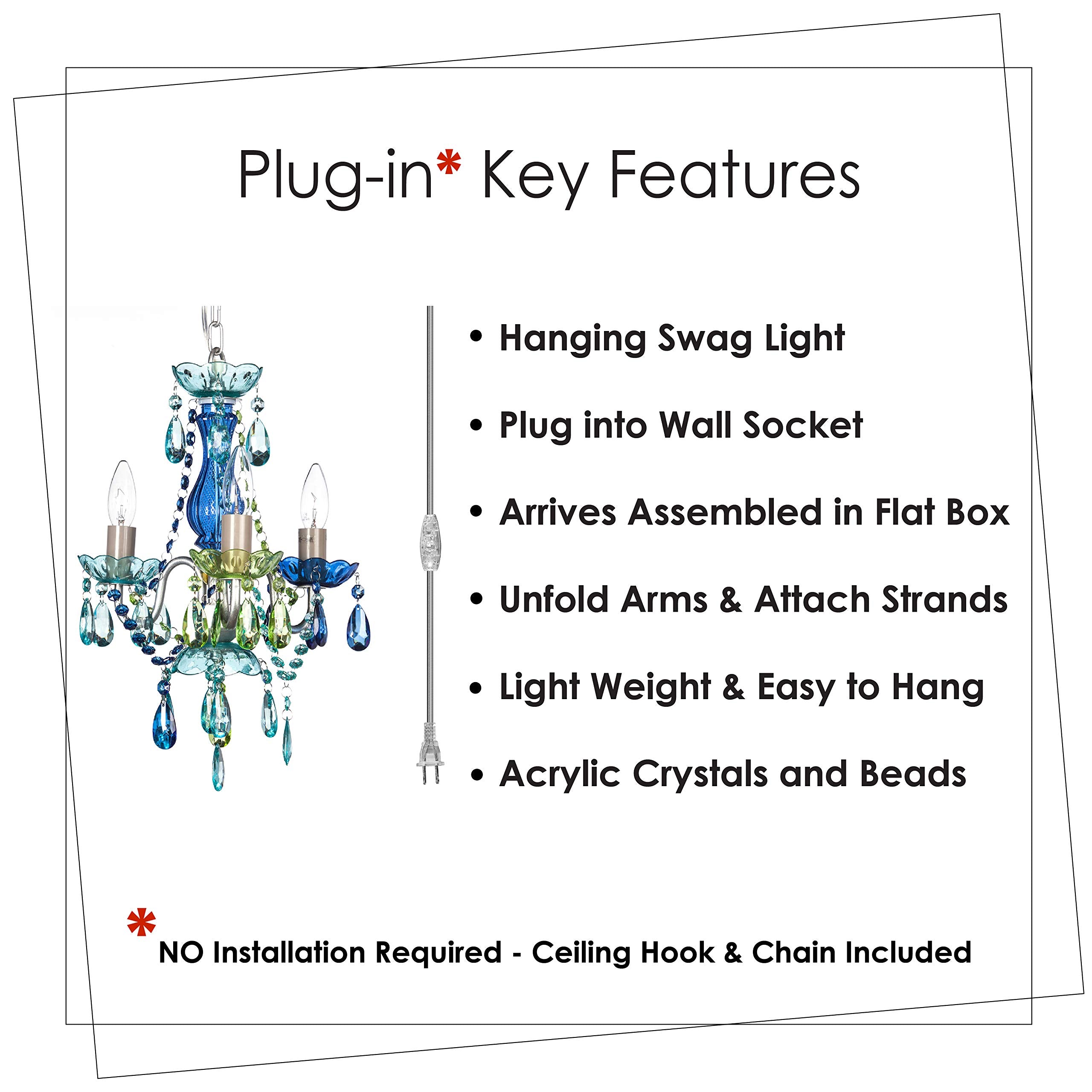 Gypsy Color Plug-In 3-Light Chandelier, Blue Green Glass, Silver Metal Frame, H17”Xw12”, Model Gymibg