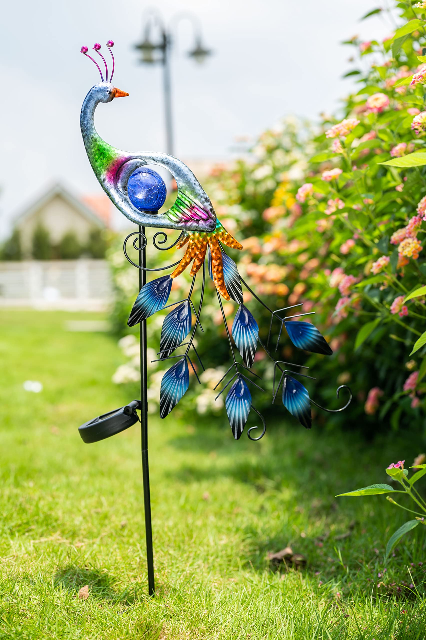 Teresa'S Collections Peacock Solar Lights - 35.4&quot; Metal Garden Decor With Crackle Glass Ball