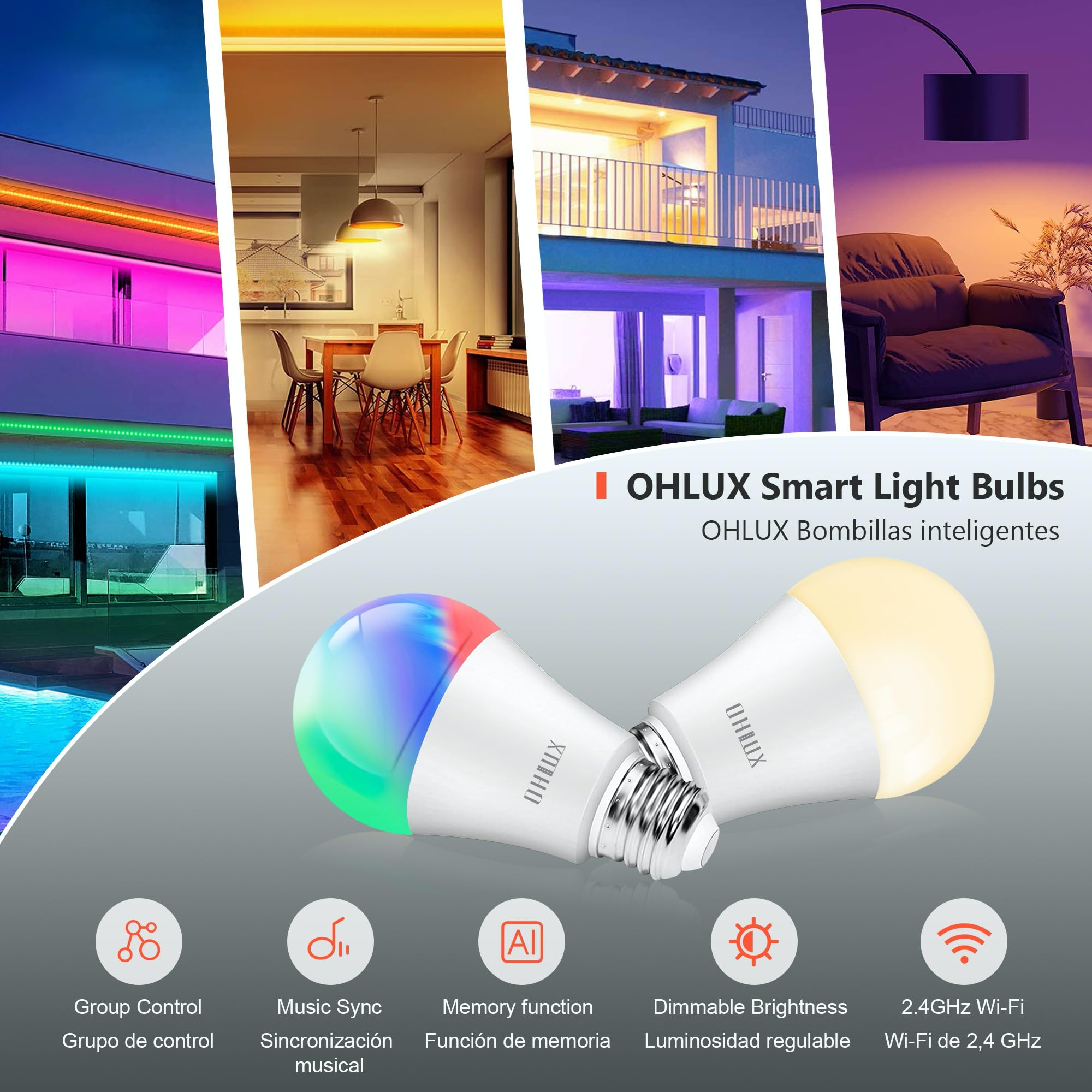 OHLUX Smart WiFi Light Bulbs, 10W (100W Equivalent), 8 Pack, RGB Color Changing, A19 E26, Cool White