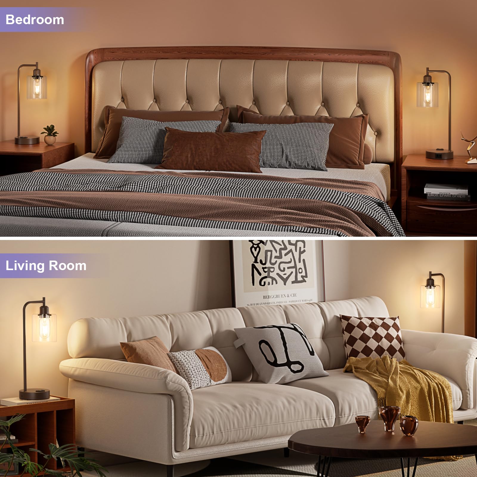 Innqoo Industrial Touch Table Lamps For Bedrooms Set Of 2-3-Way Dimmable Lamps With Usb C+A Ports And Outlet, Brown Bedside Lamps With Clear Glass Shade For Living Room, Desk Lamps For Home Office