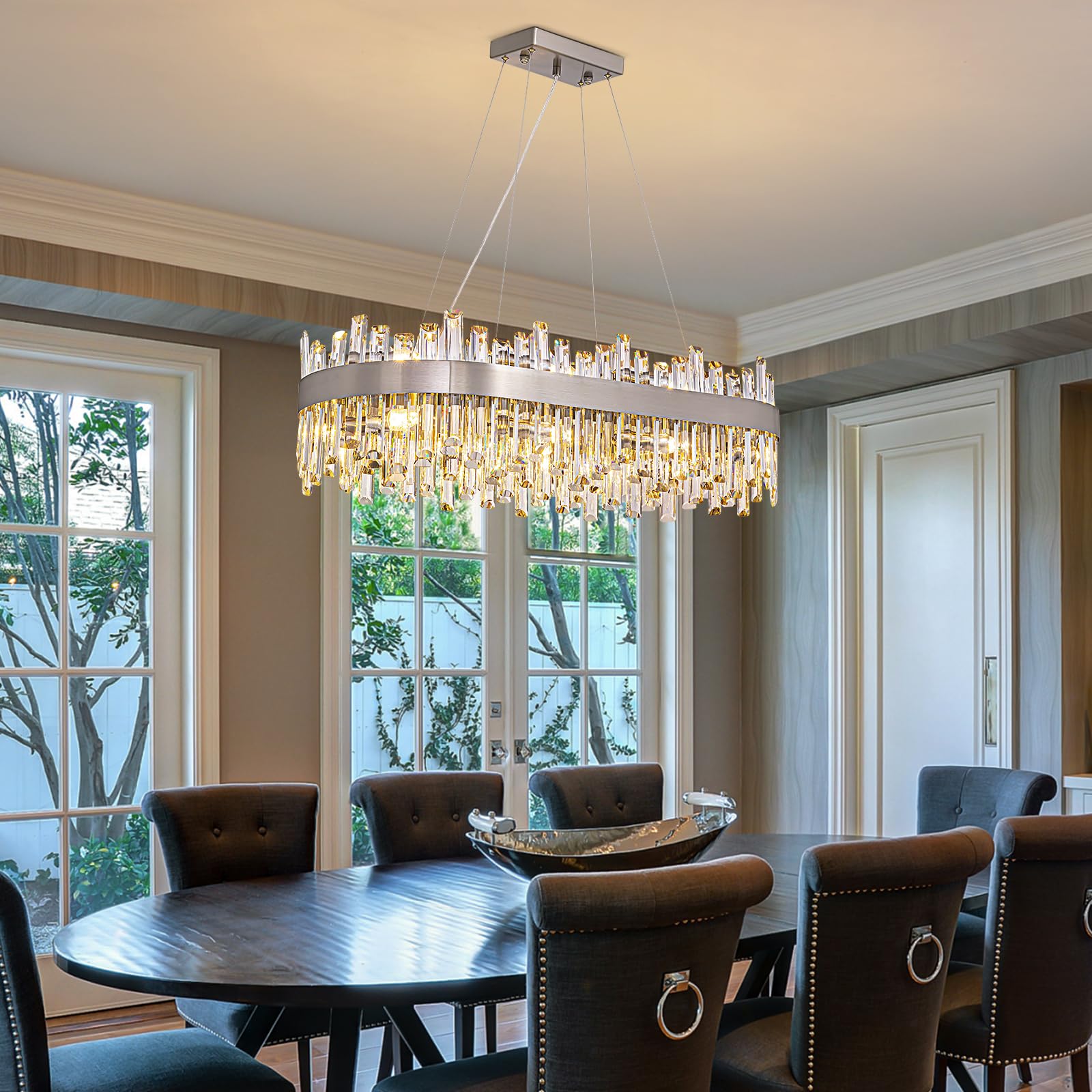 Siljoy Modern Crystal Chandelier, 16 Lights, Rectangular 35.4'', Polished Chrome, K9 Crystal, Luxury Pendant Light for Dining Room