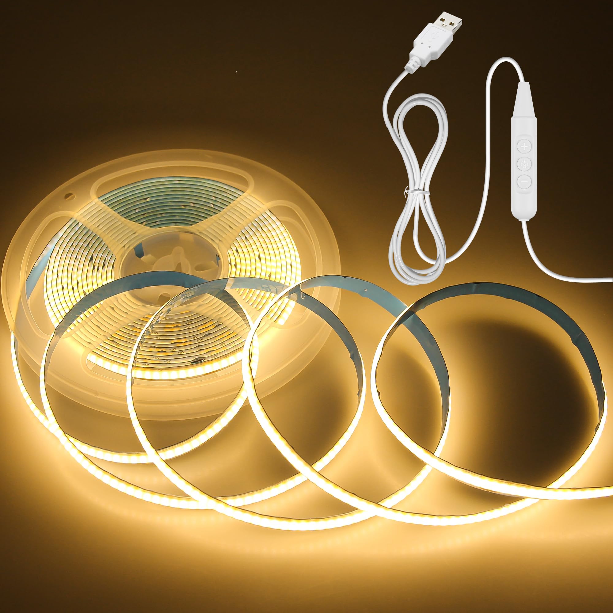 Aclorol COB LED Band Lights USB Powered 16.4FT/5M 1600Leds Warm White 8mm Width Dimmable COB Tape Light Flexible and Cuttable LED Band for Bedroom TV Backlight Stairs DIY Lighting CRI85+ 3000K