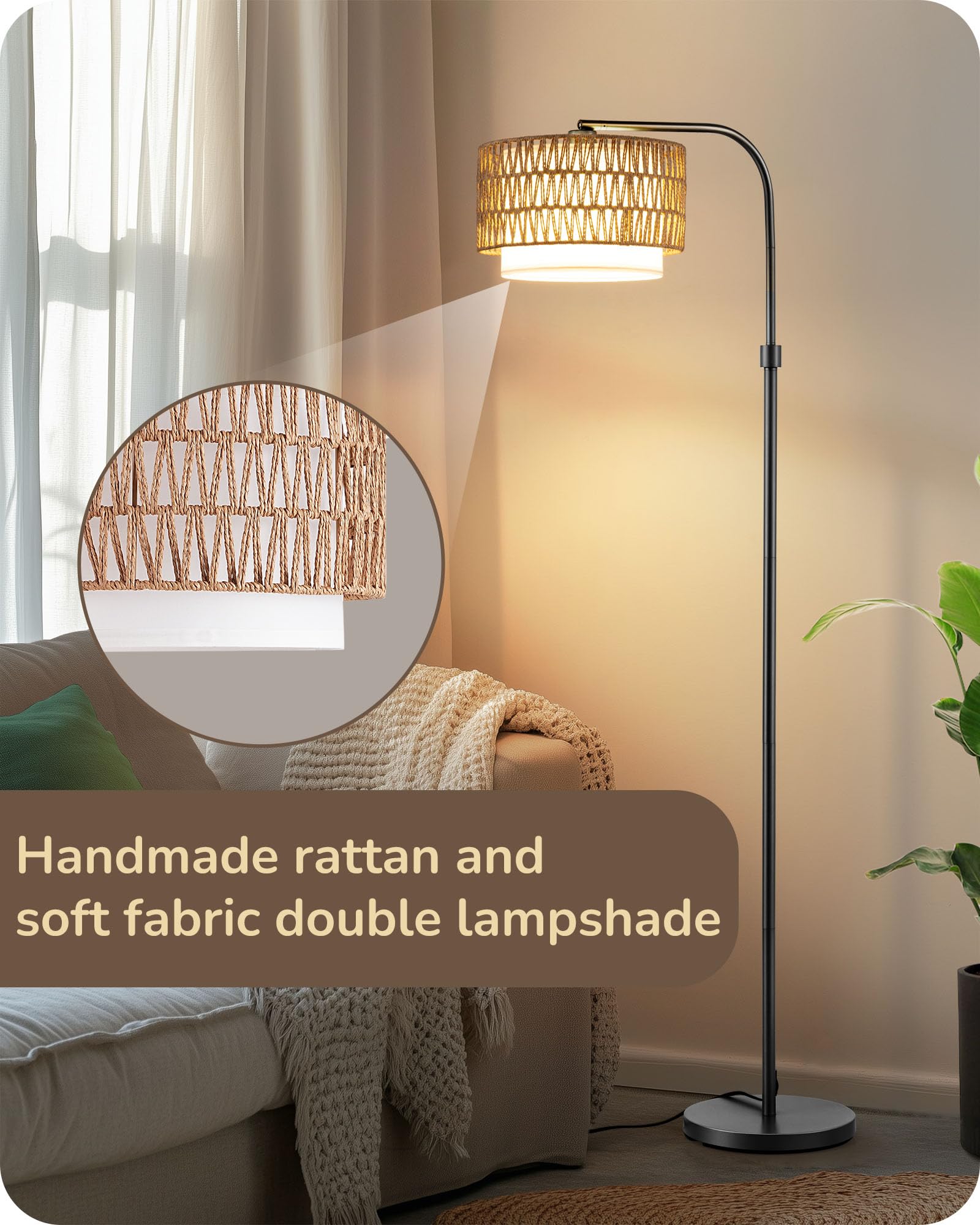 EDISHINE Arc Floor Lamp for Living Room, Modern Standing Lamp with Adjustable Drum Shade, Gold Reading Lamp Corner Light with Fo