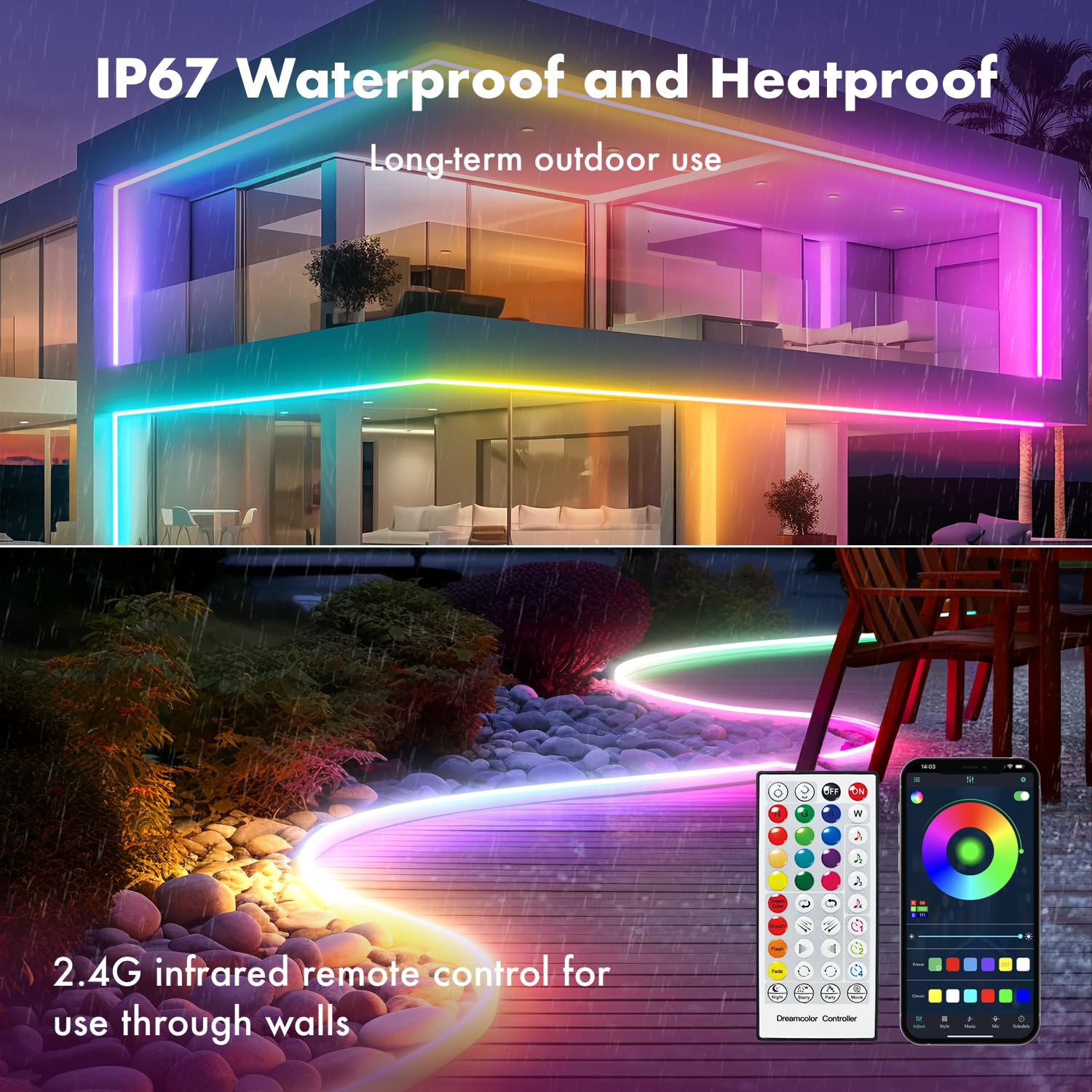 HRDJ LED Strip Lights, 16.4FT, IP67 Waterproof, Multicolor, APP Control, Music Sync, Model YingLX-5050LY5M