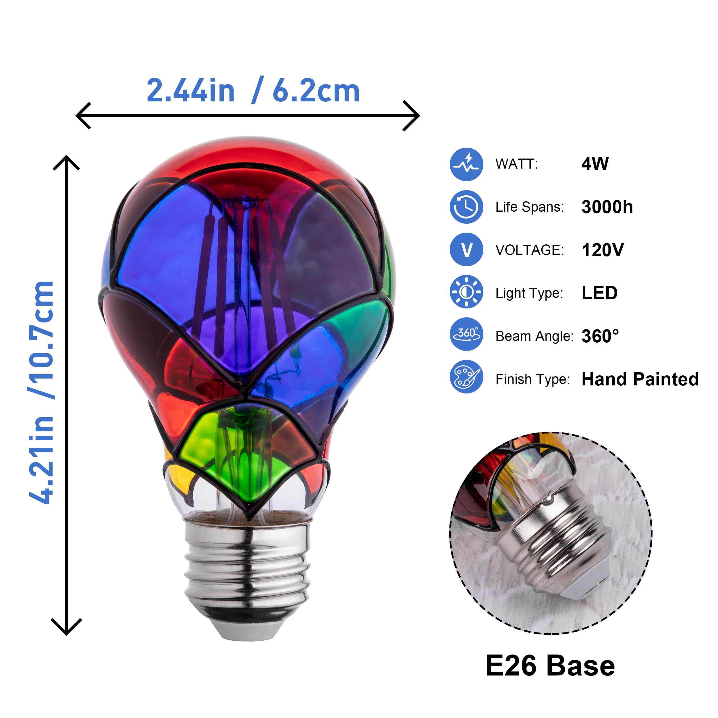 Cybaaluxzus Stained Glass Light Bulb, Rainbow Painted, 4W 120V, Multi Colored Indoor, Fun & Romantic