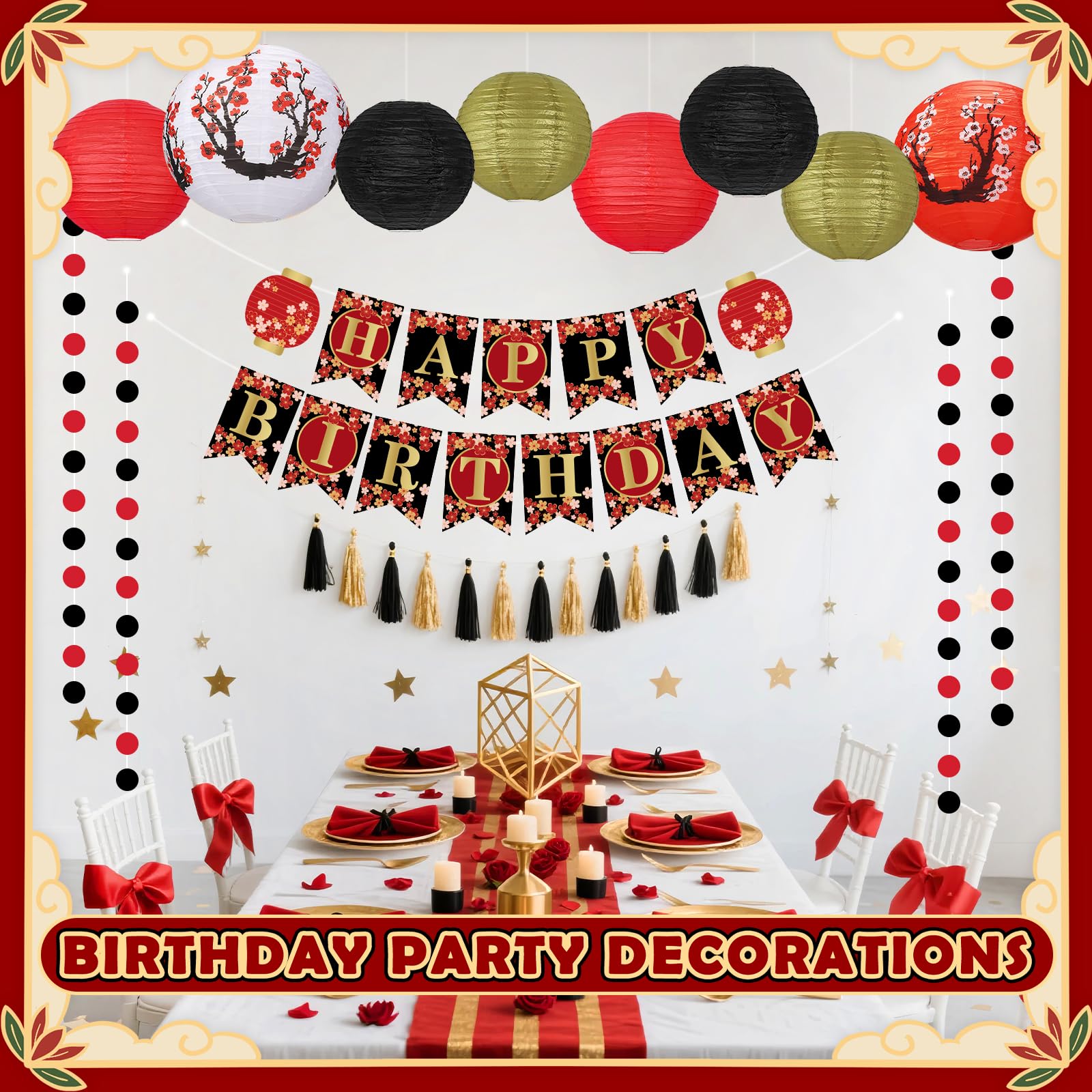 Peywot Hibachi Party Decorations - 14Pcs Round Paper Lanterns, Assorted Sizes 8in 10in 12in, Red, Black, Gold