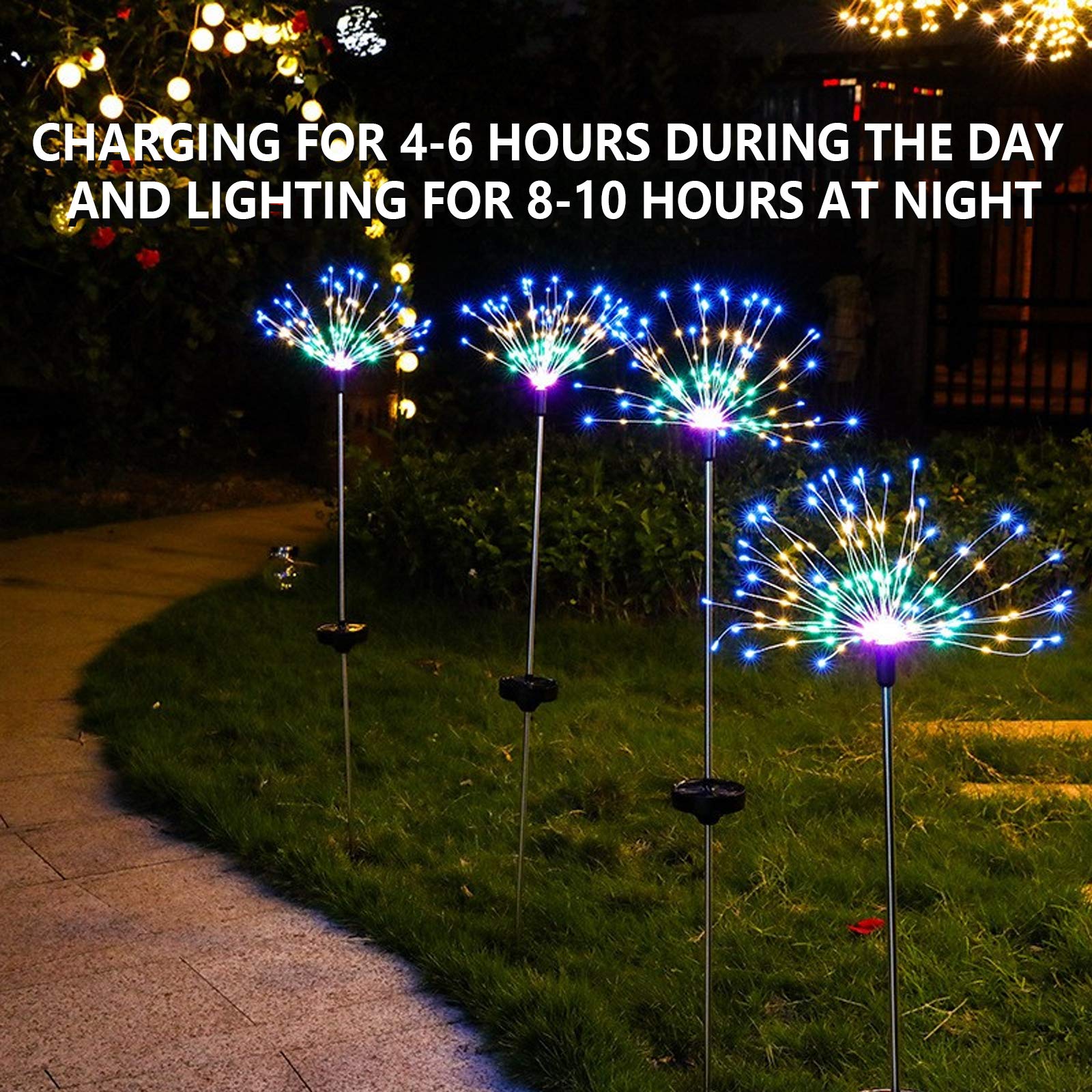 4 Pcs Solar Firework Light, Outdoor Solar Garden Decorative Lights 120 Led Powered 40 Copper Wires String Diy Landscape Light For Walkway Pathway Backyard Christmas Decoration Parties (Colorful)