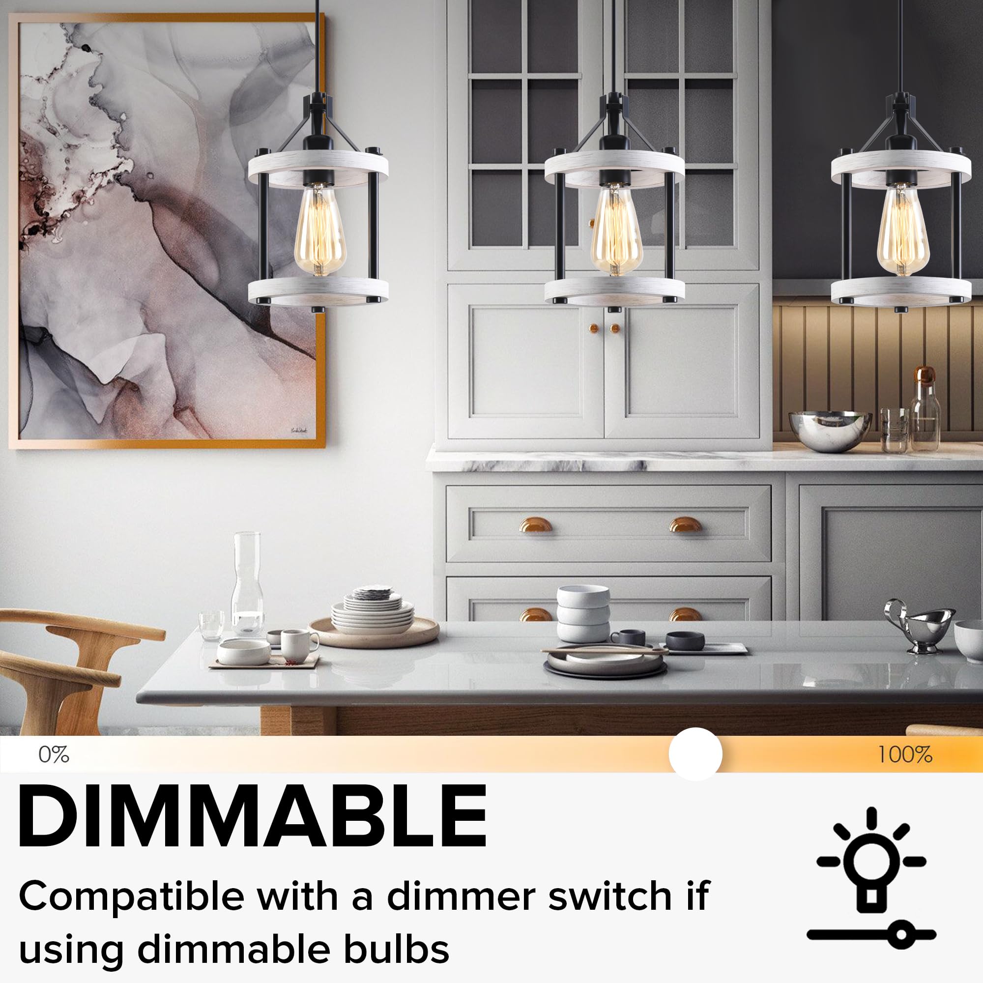 Mo&Ok Set Of 3 Kitchen Island Lighting,Rustic White Pendant Lights,Wooden Metal Chandelier Fixtures,59 Inch Adjustable Pipes,For
