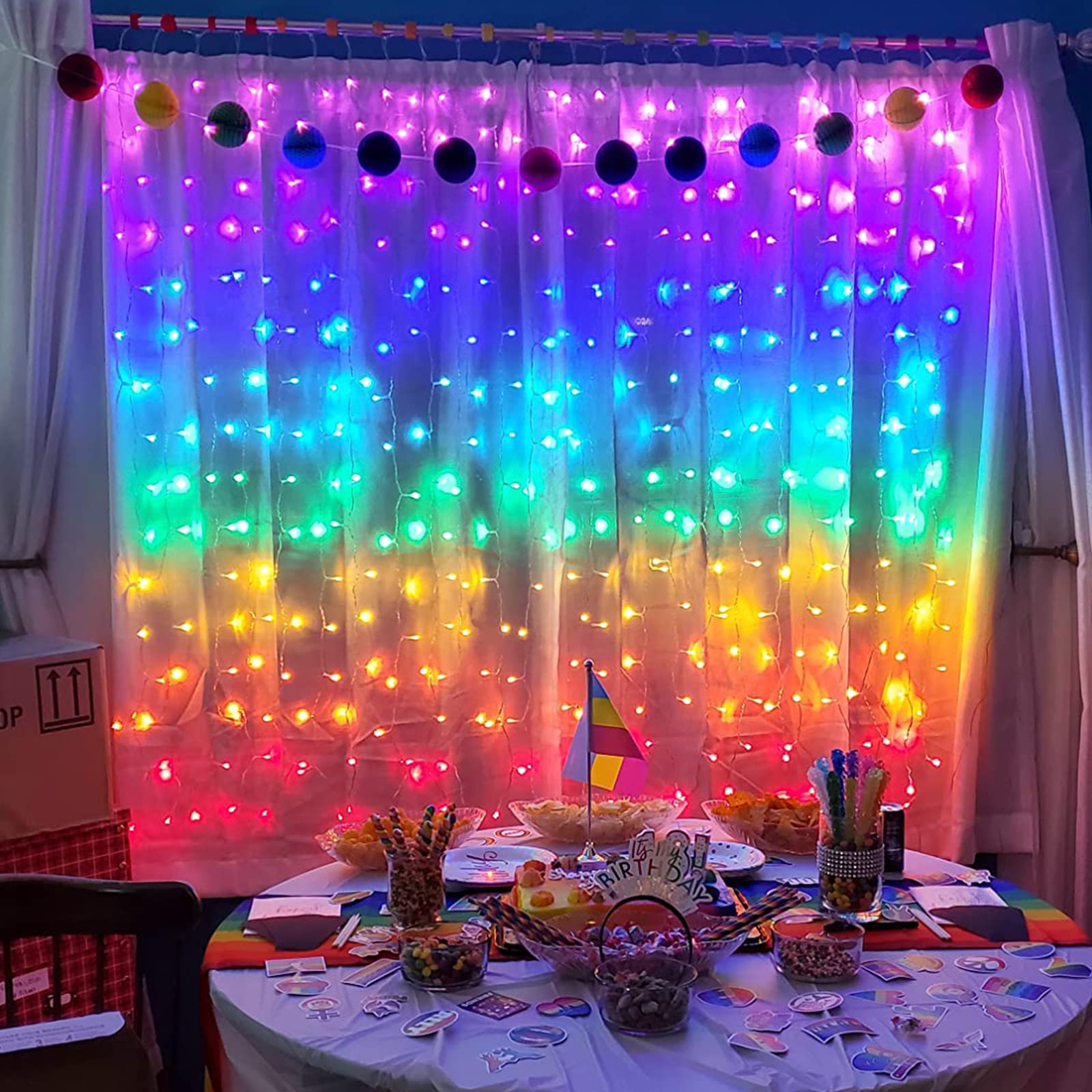 Honche 300 LED Cuttable Curtain String Lights 10x10ft with Remote - Rainbow 7 Colors, Ideal for Bedroom, Wedding, Party, Festive Season