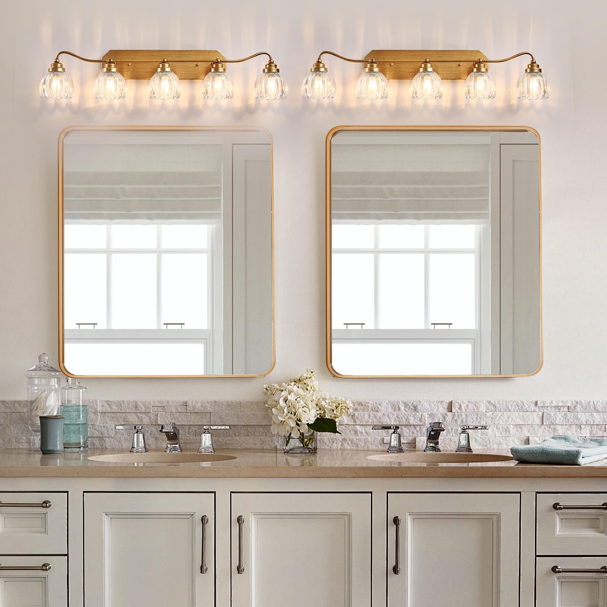 CmnVmn Vintage Bathroom Light Fixtures, 5-Light Gold Vanity Light with Crystal Glass Shade, Matte Antique Brass Finish, Model C5016