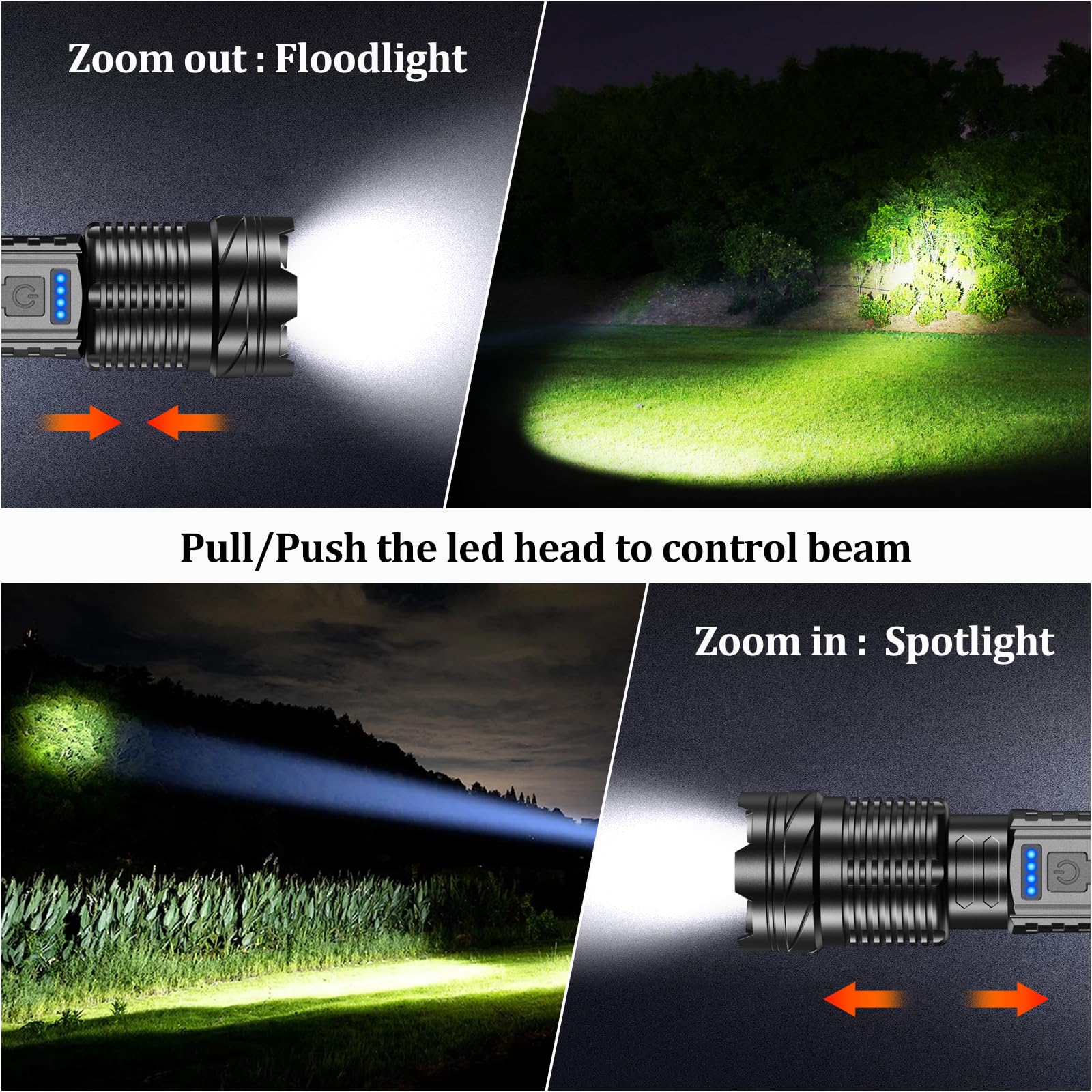 Earrck Rechargeable LED Flashlight - 7 Modes, Waterproof, High Lumens, Zoomable, Black, Model A76