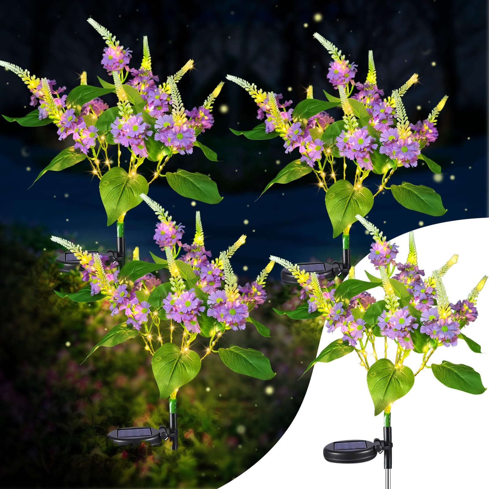 Neporal Solar Flowers Outdoor Waterproof Purple, Lilac Garden Solar Lights Decorative 4Pk 8-Stem, 2 Lighting Modes, Solar Powere