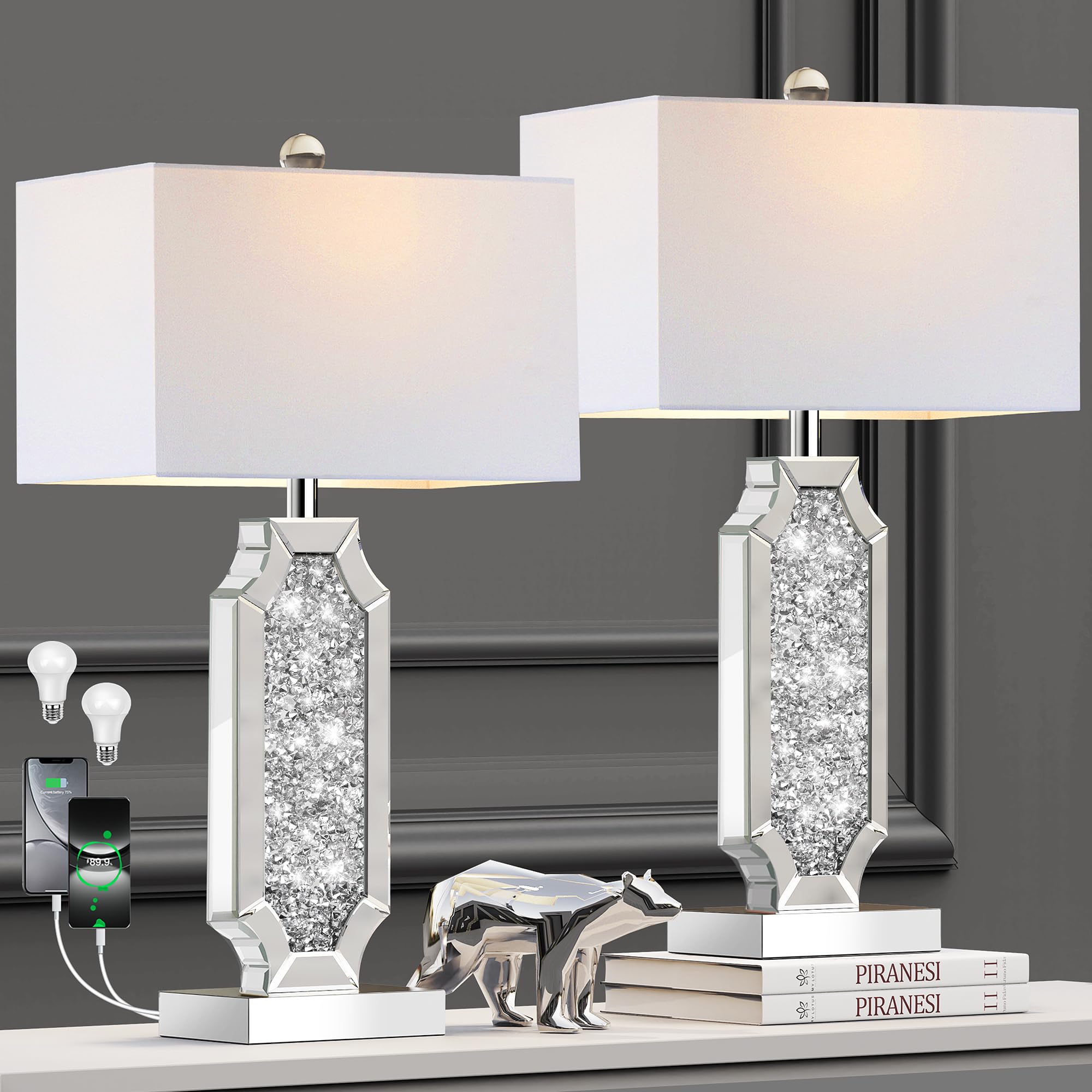 3-Way Dimmable Touch Diamond Crushed Mirrored Bedside Table Lamps Set of 2 for Living Room with USB A+C Ports,Tall Silver Modern