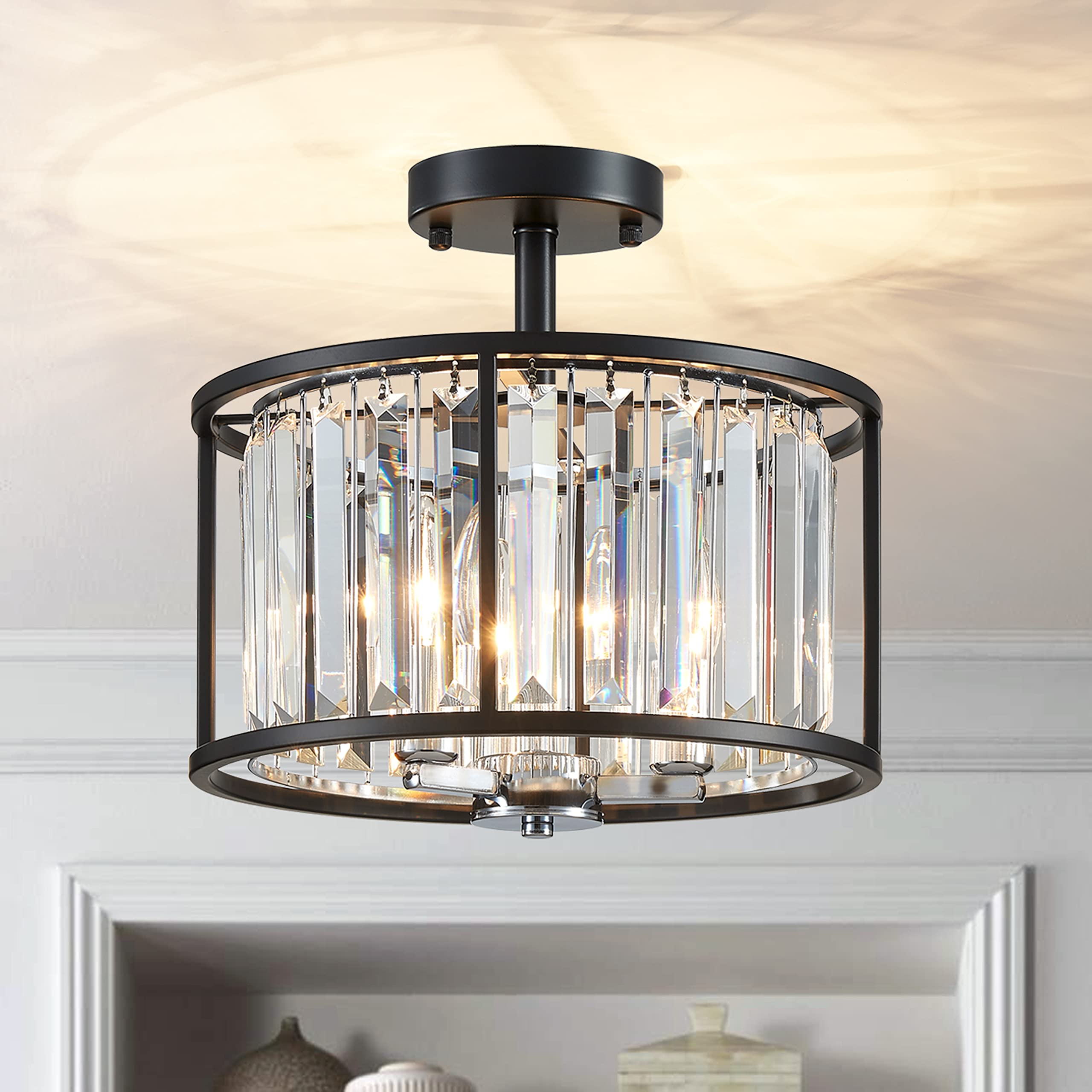 Agv Lighting Cl005Bb K9 Crystal Semi Flush Mount Ceiling Light Fixture, Modern Design, E12 Base 3-Lights, D13 X H15, Chrome & Ma