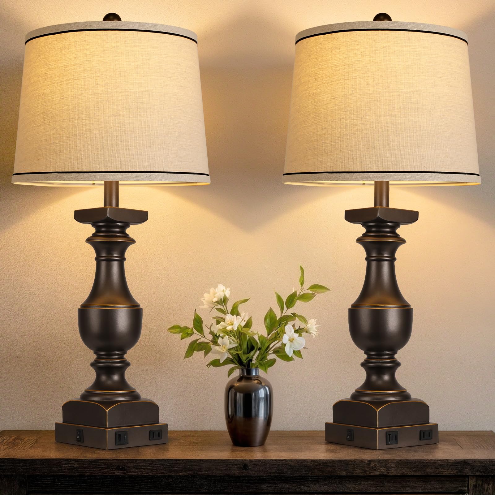 WIHTU Bedside Lamps Set of 2, 28in  Black Gold Table Lamps with USB Ports, Linen Shades, Model WTLP498AB2