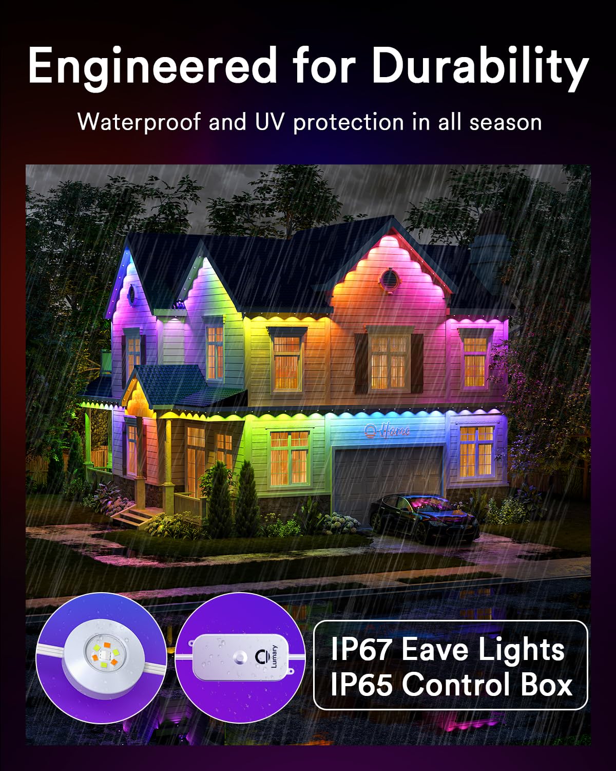 Lumary Outdoor Permanent Lights Pro - 40 LED, 53ft, IP67 Waterproof, White, Works with Alexa & Google, Model L-PO40D1