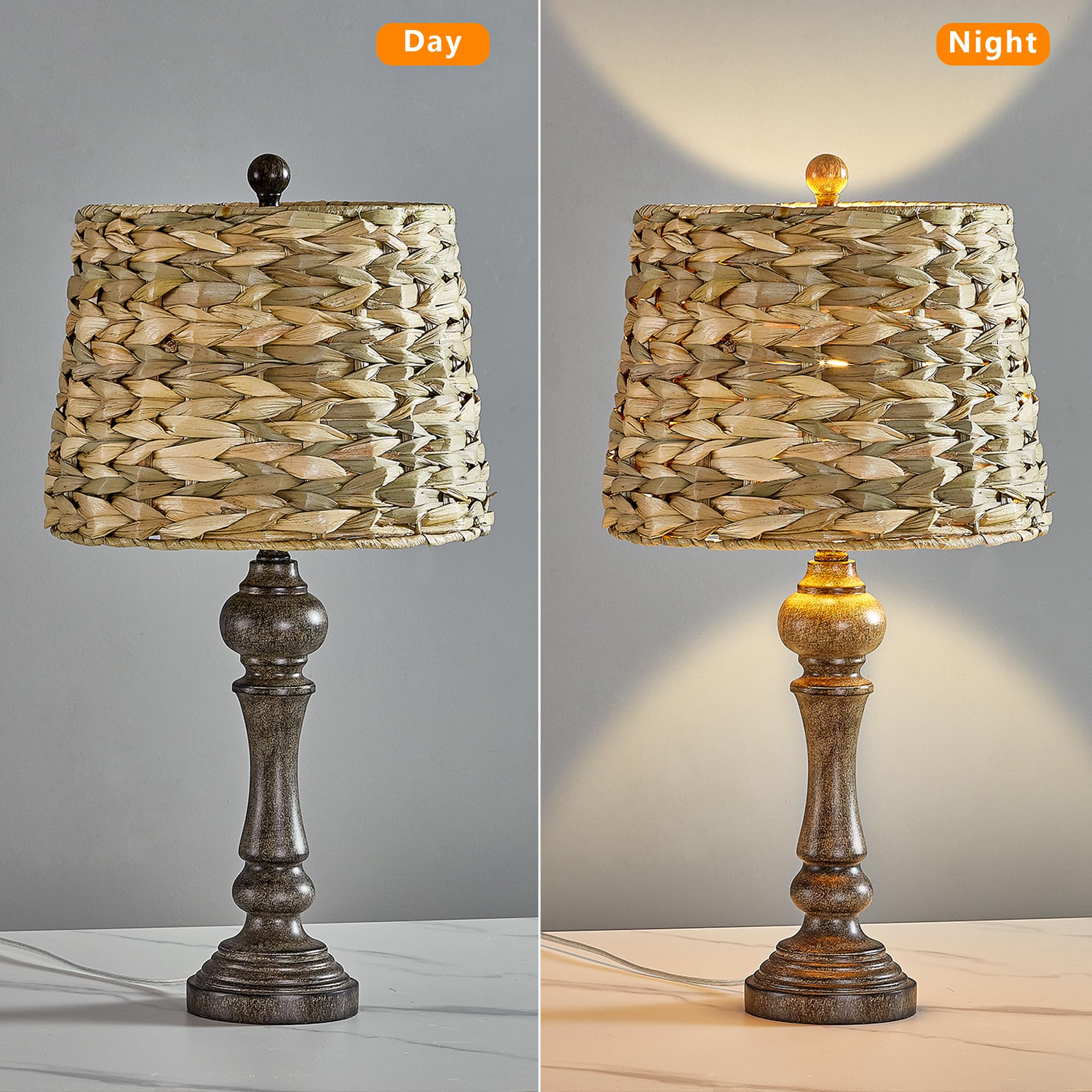 Maxax 26'' Farmhouse Table Lamps Set Of 2 For Living Room, Rustic Resin Bedside Lamp With Woven Rattan Shade, Boho Rattan Bedroo
