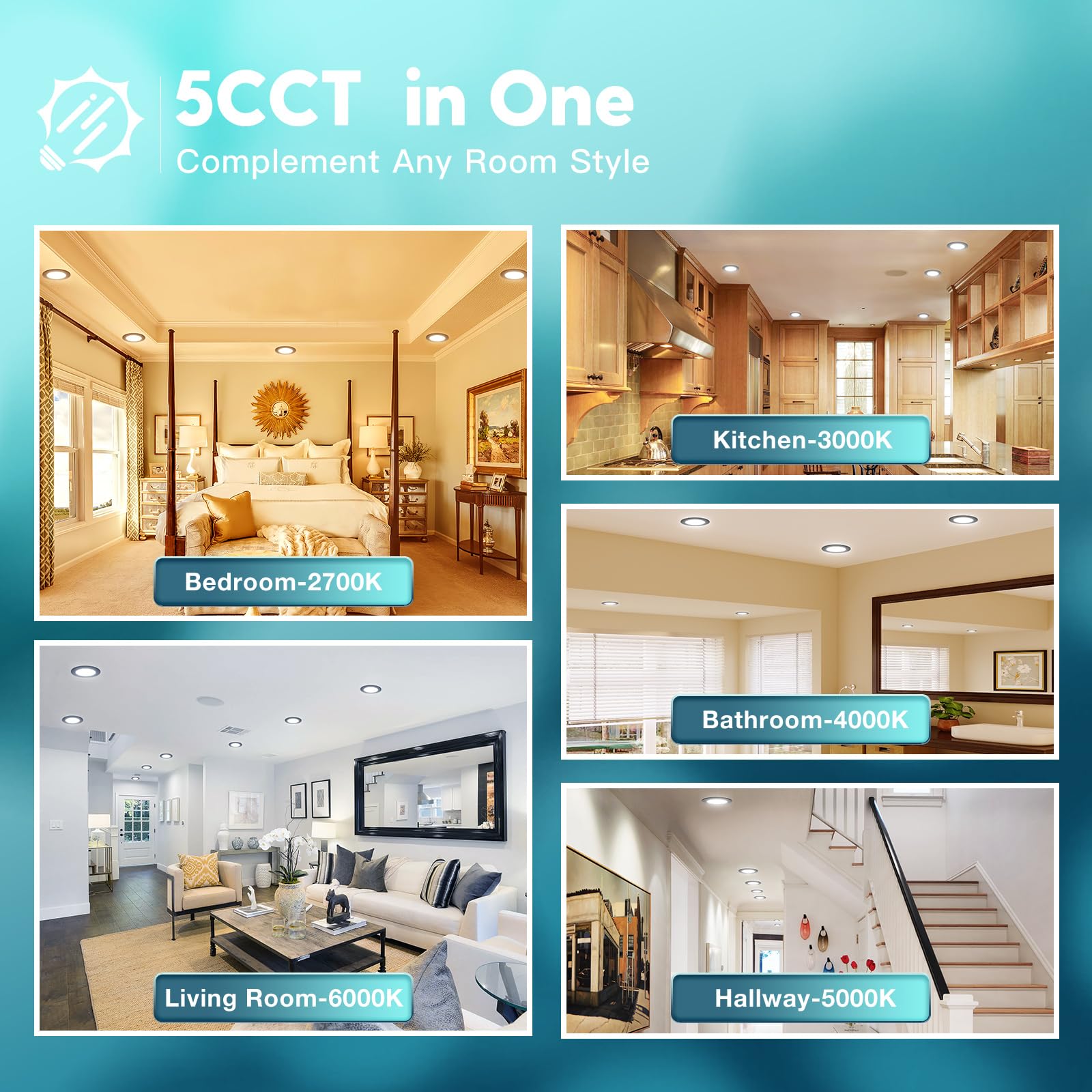 FREELICHT 6 Inch Dimmable LED Recessed Lighting - 6 Pack, Selectable 2700K-6000K, 1000LM, Black, ETL