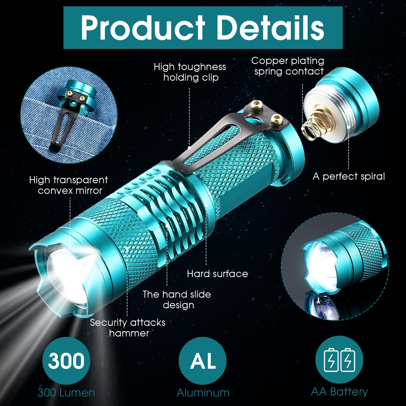 Fumete LED Flashlight Mini Tactical Torch, 3 Modes, Water Resistant, Adjustable Focus, Multicolor 2, Lightweight Aluminum for Hiking
