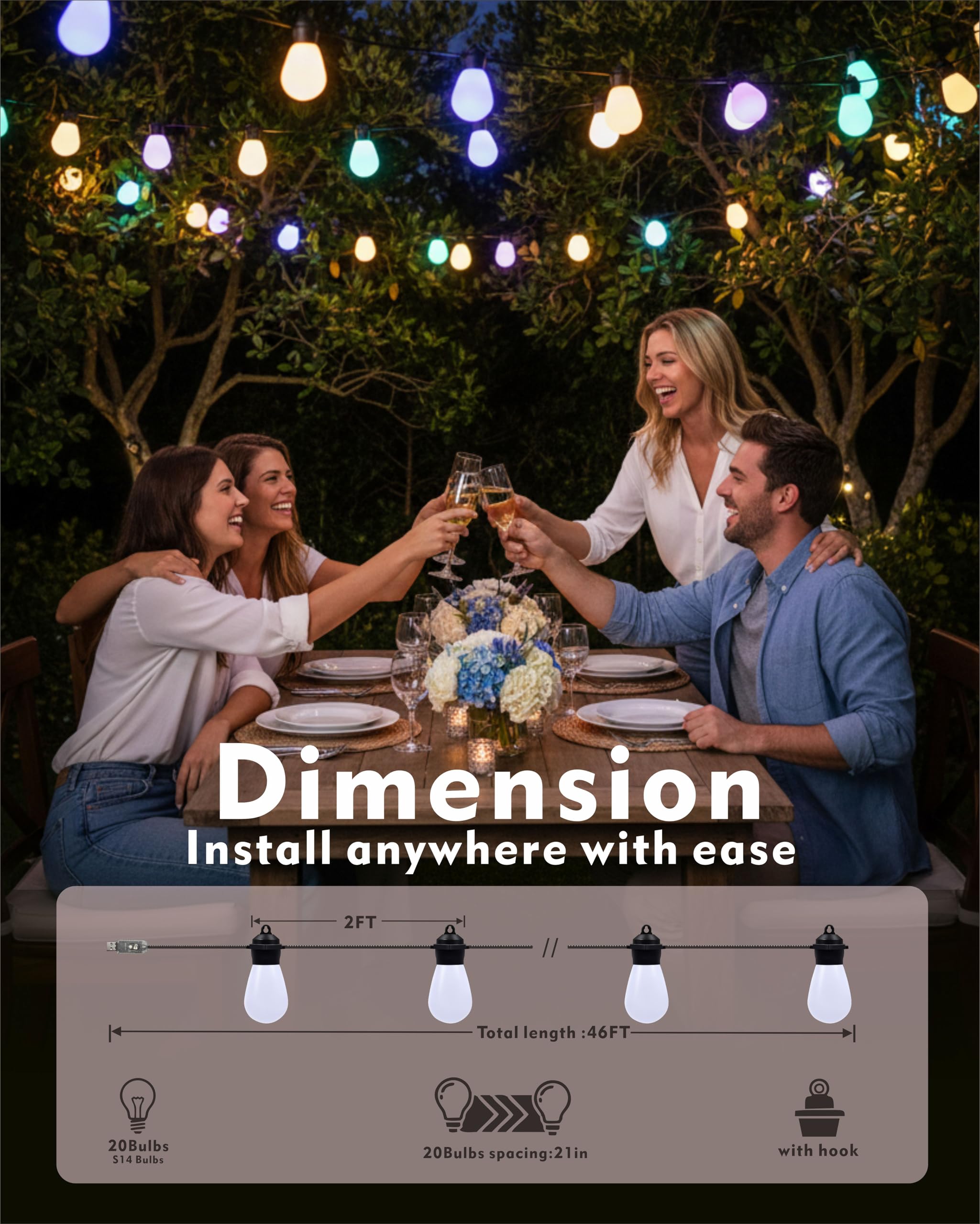 Honche Outdoor String Lights S14, 46FT, 20 Shatterproof LED Bulbs, Multicolor, USB Powered, IP67 Waterproof