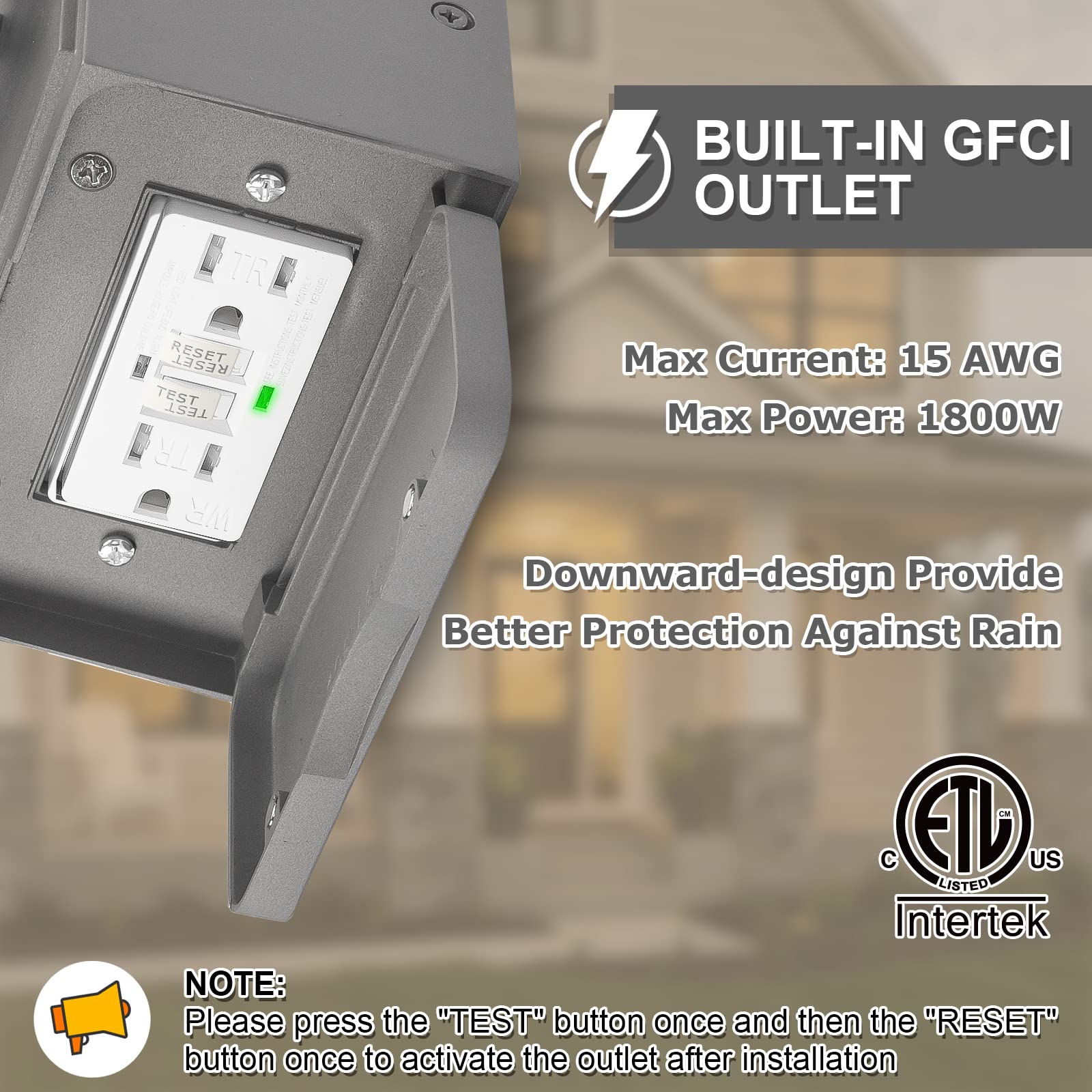 FANDBO Outdoor Porch Light with GFCI Outlet, Dusk to Dawn, Clear Glass Shade, Waterproof Wall Sconce, Gray, Model HS405