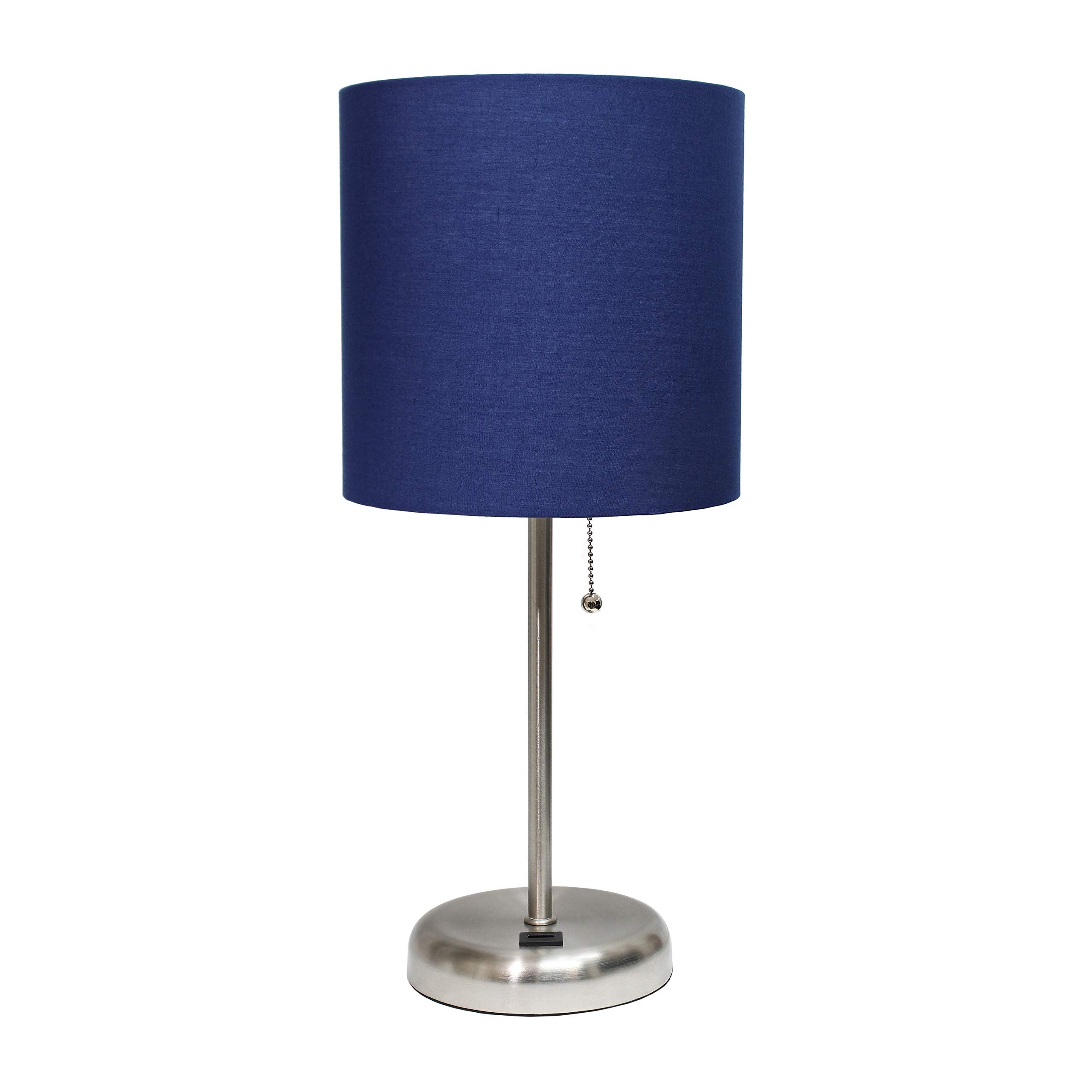 Simple Designs Lt2044-Nav Brushed Steel Stick Table Desk Lamp With Usb Charging Port And Drum Fabric Shade, Navy Blue Shade