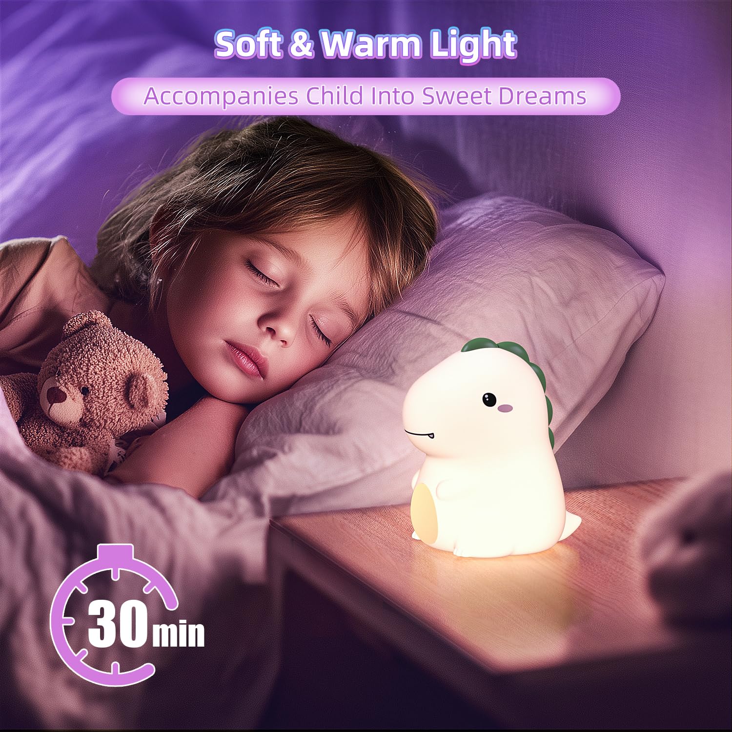 Kinyilo Dinosaur Night Light For Boys  Dino Lamp Silicone Light  16 Color Nightlight  Rechargeable Battery Powered  30Min Timer Off  Ideal Gifts For Kids Toddler Baby