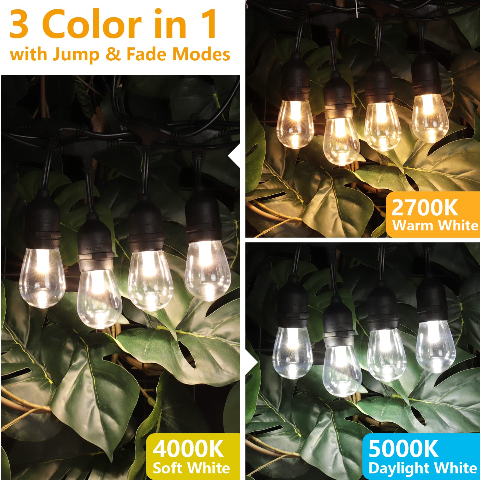 Mlambert 96Ft(2X48Ft) 3-Color In 1 48Ft Led Dimmable Outdoor String Lights With Remote, Plug-In 2700K/4000K/5000K Waterproof Lig