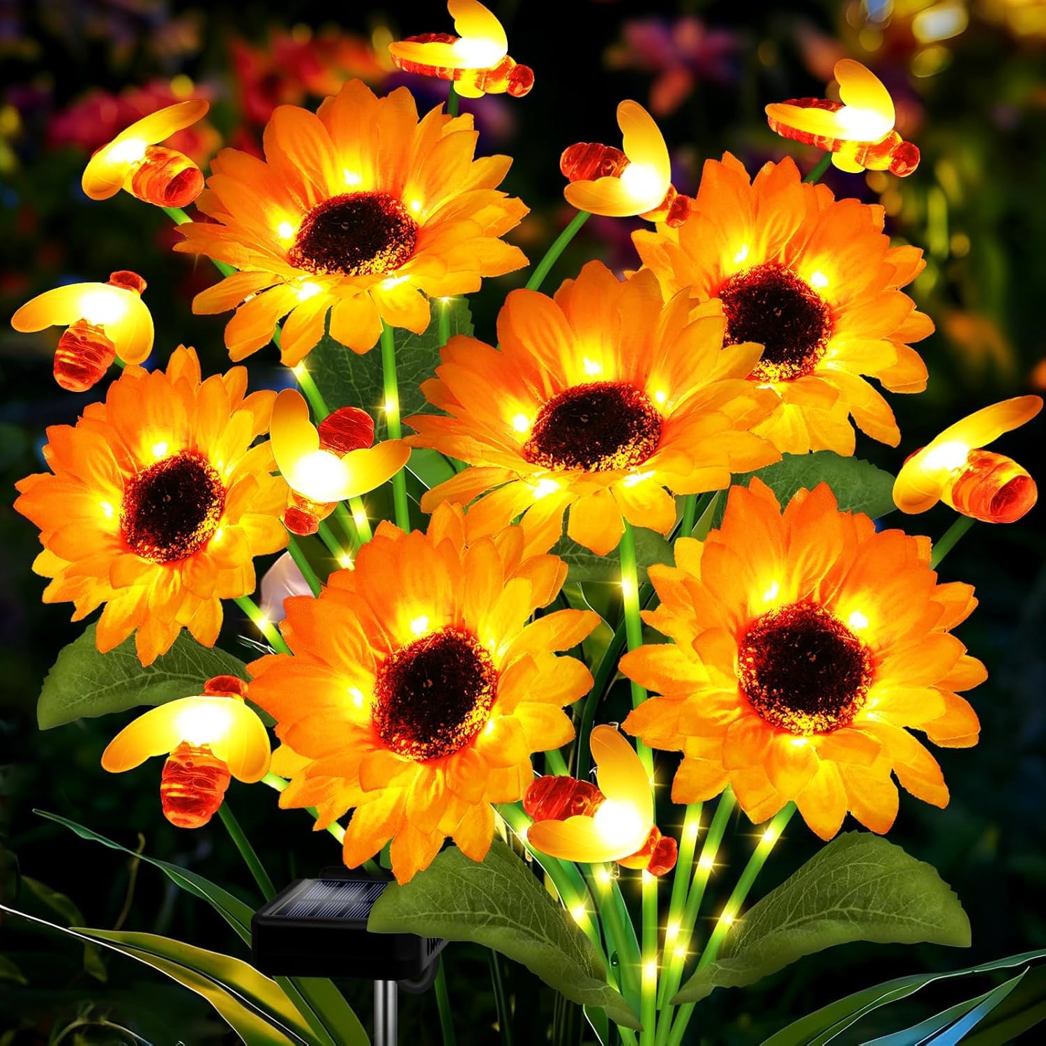 Hortsun 2 Pack Sunflower Bee Solar Lights Outdoor Decor Waterproof Solar Lights with 6 Sunflower and 8 Bee for Yard Front Yard G