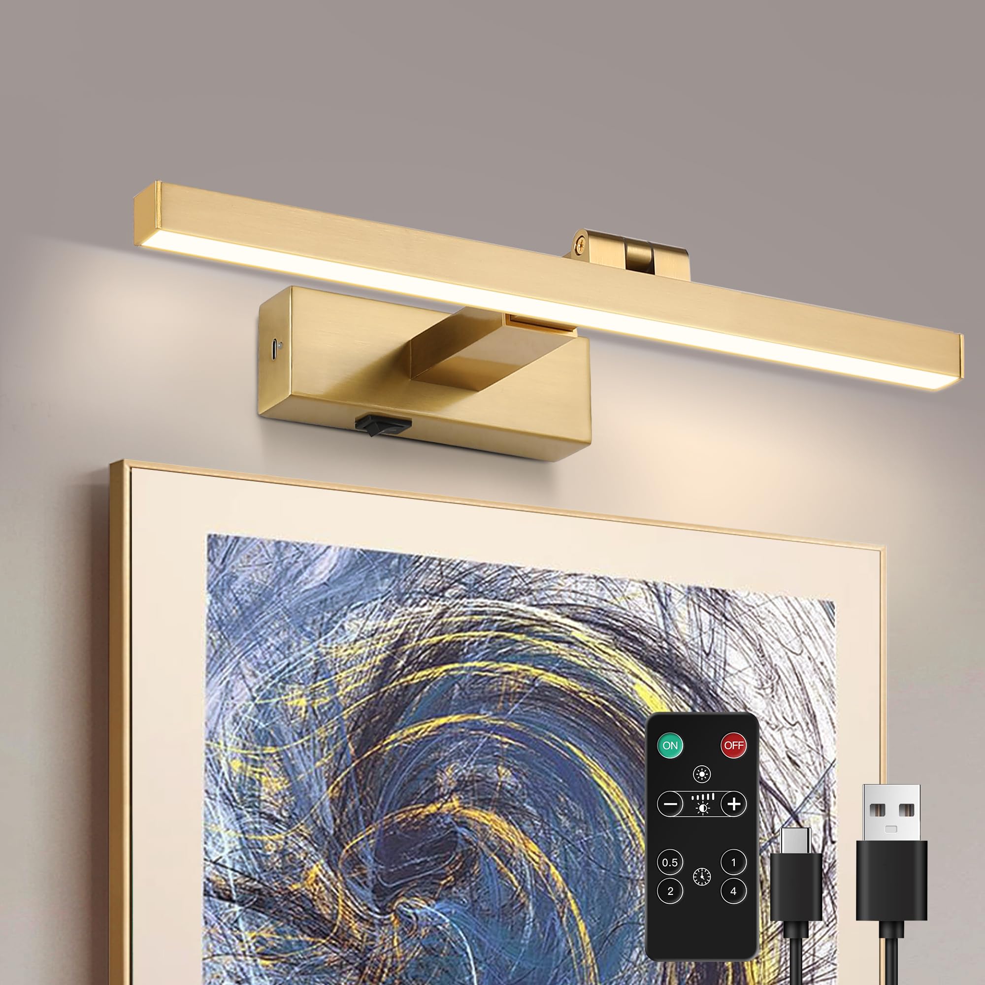 Zitostory Battery Operated Picture Lights For Wall Dimmable Wireless Art Lights For Paintings Adjustable Wall Sconce With Remote (Brass, 16Inch)