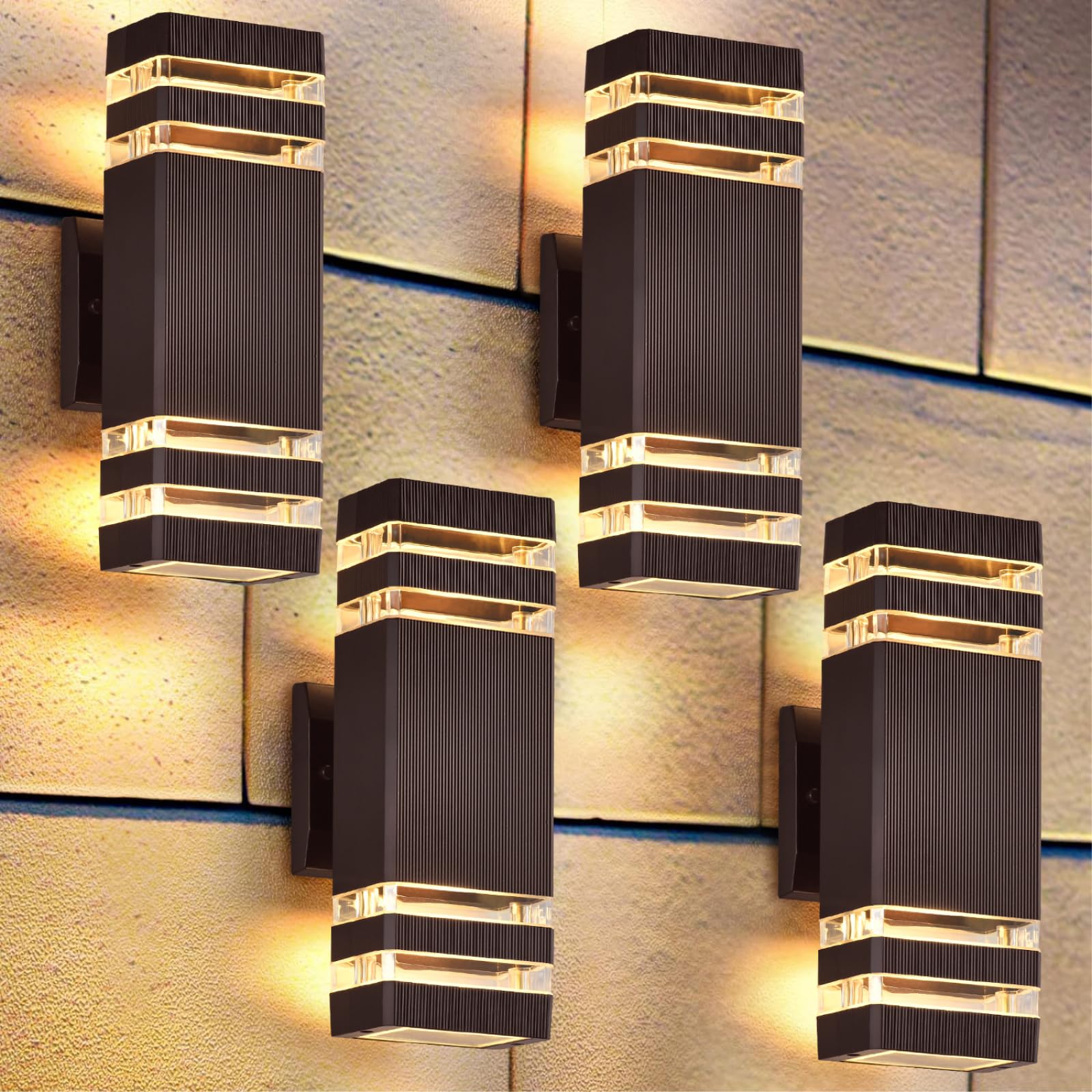 DASTOR 4 Pack Outdoor Wall Lights, Brown Exterior Lighting Fixtures Wall Mount, 2-Layer Modern Outdside Lights for House, Up and