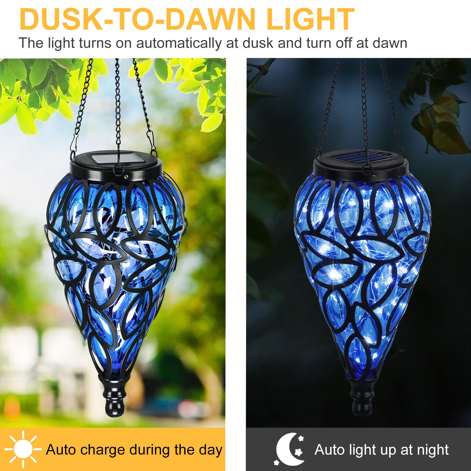 LEWIS&WAYNE Solar Hanging Lantern - Tear-Shaped 15 LEDs Cool White Outdoor Lights with S Hooks, Blue for Garden, Yard, and Pathway